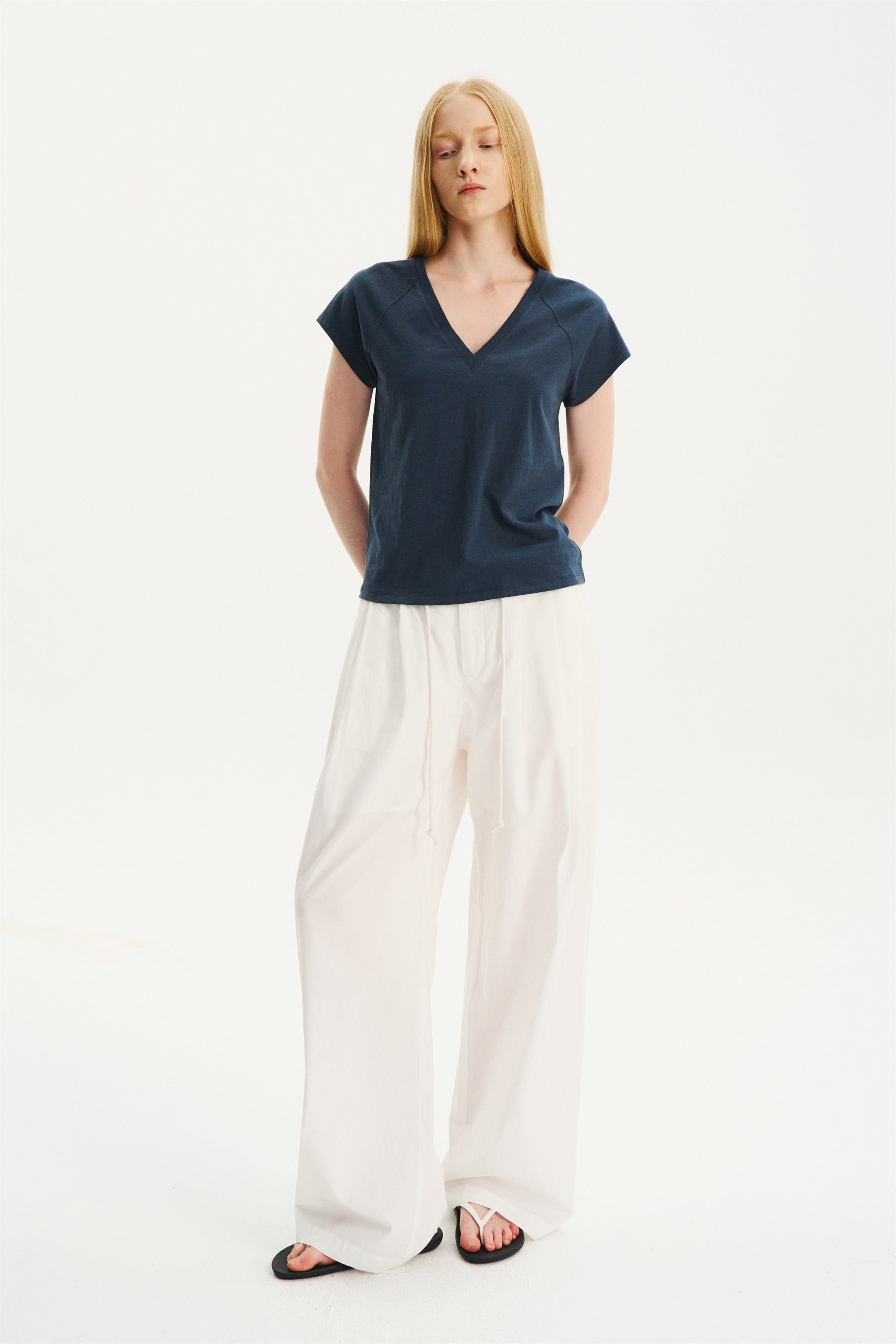 Mid-Low Rise Pleated Drawstring Pants White