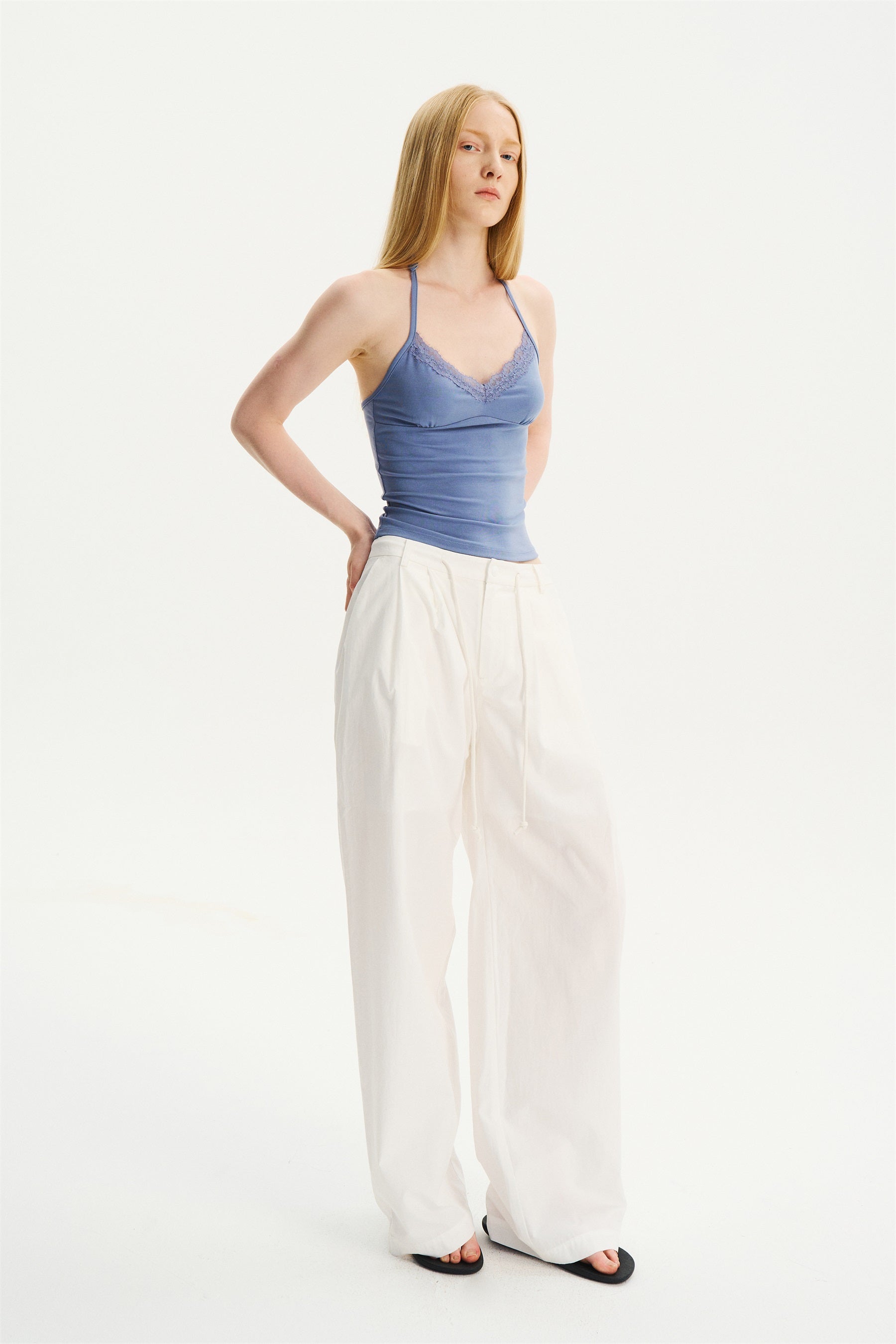 Mid-Low Rise Pleated Drawstring Pants White
