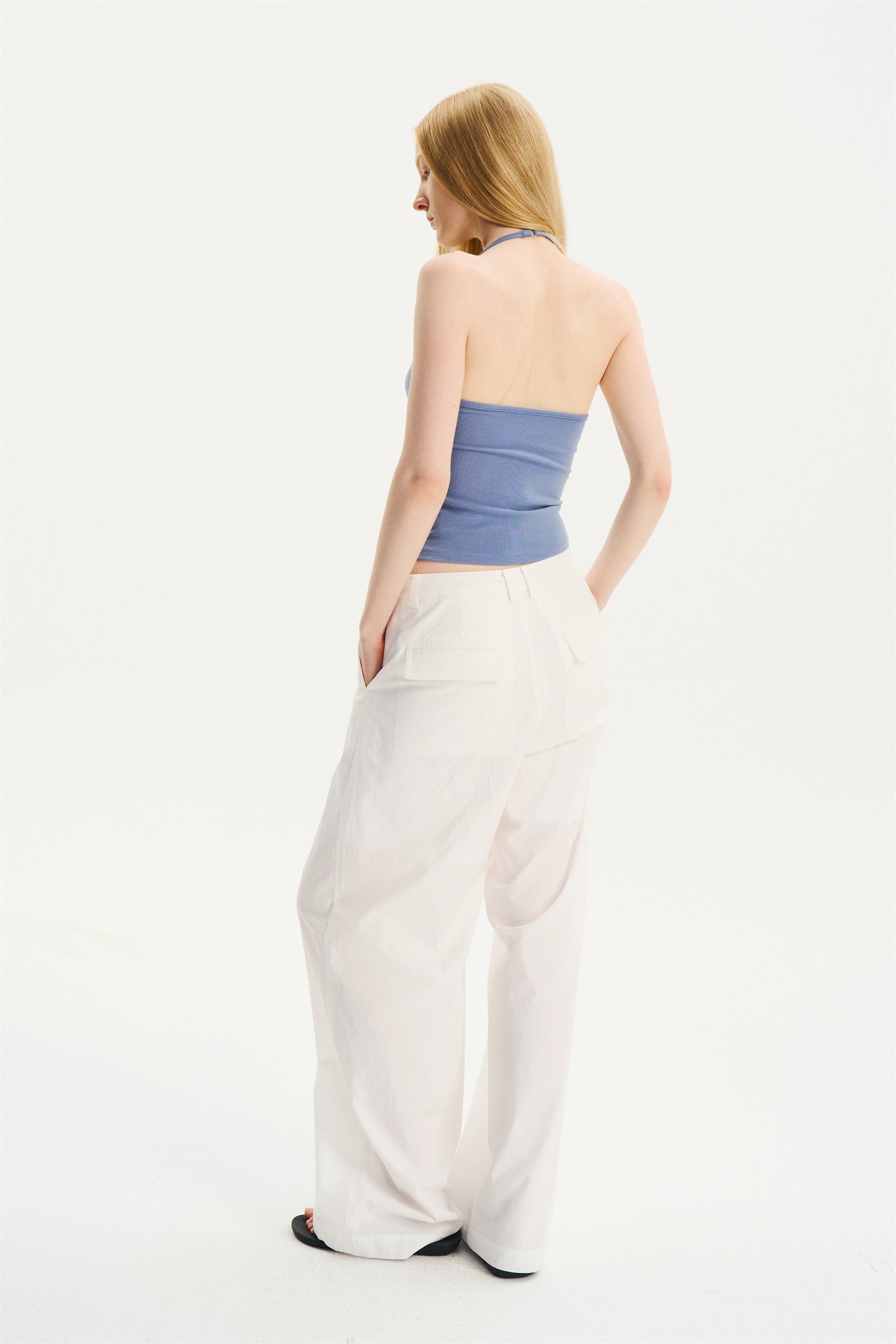Mid-Low Rise Pleated Drawstring Pants White