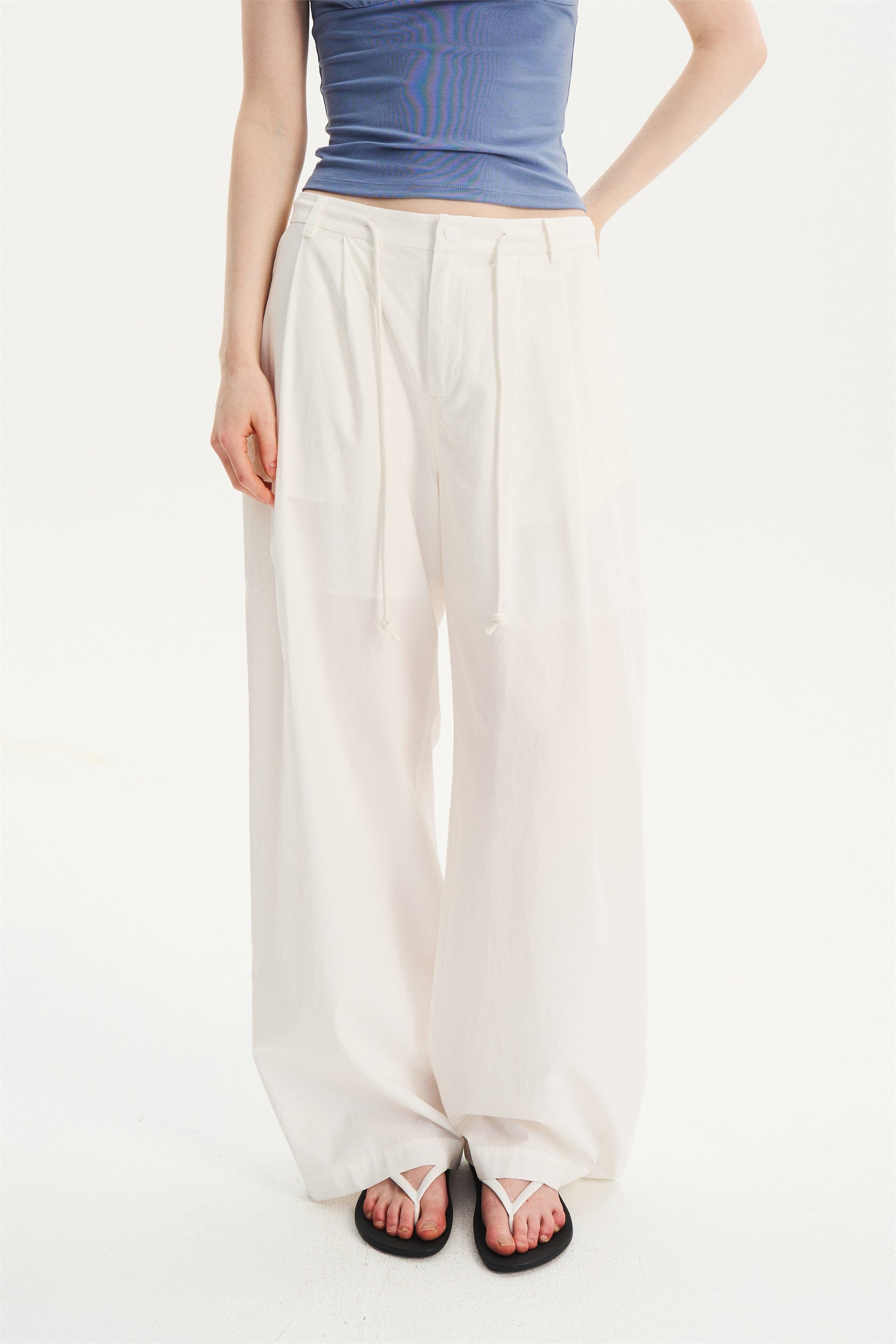Mid-Low Rise Pleated Drawstring Pants White
