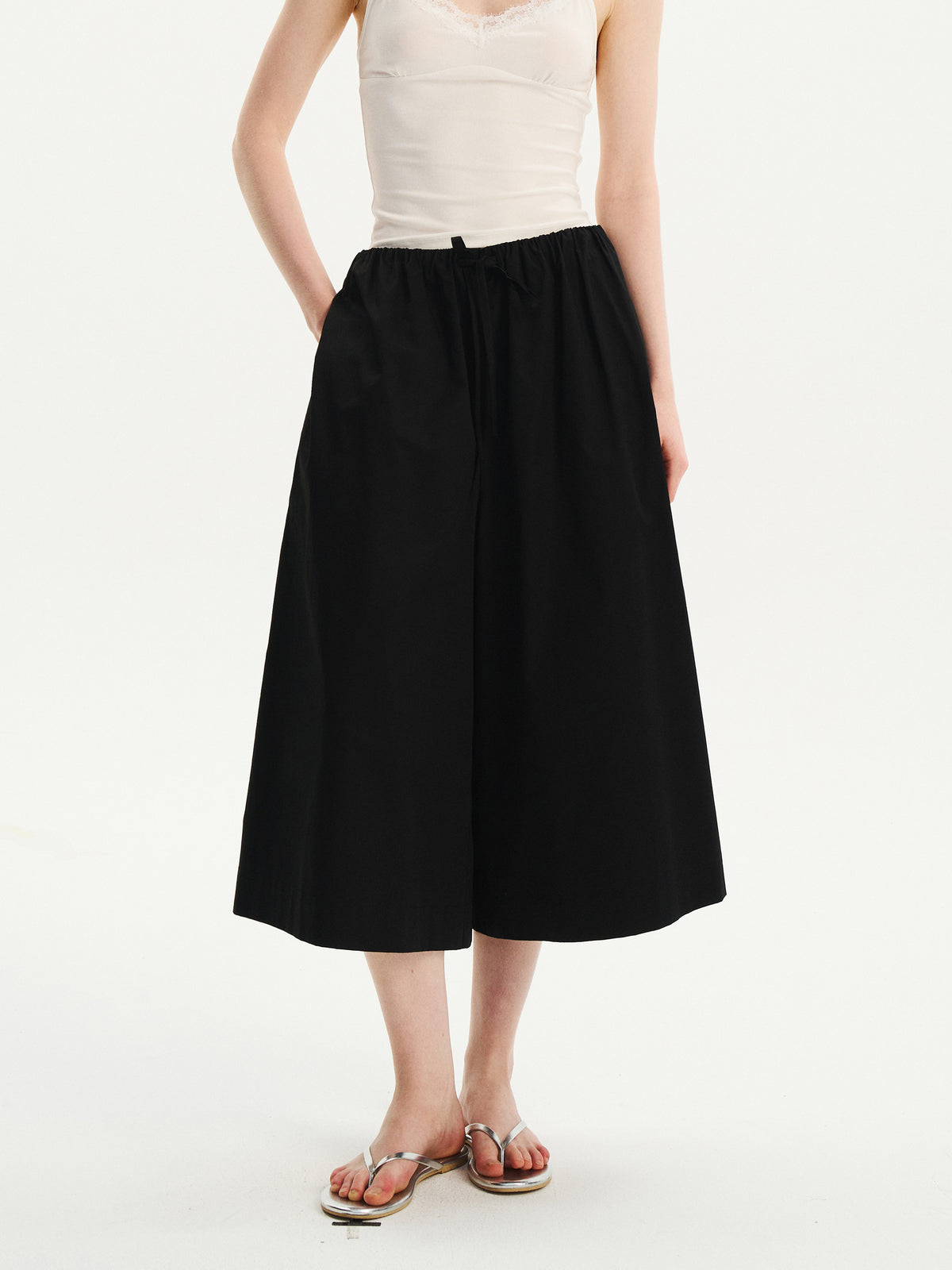 Cool-Touch Drawstring Wide-Leg Culotte Pants Black