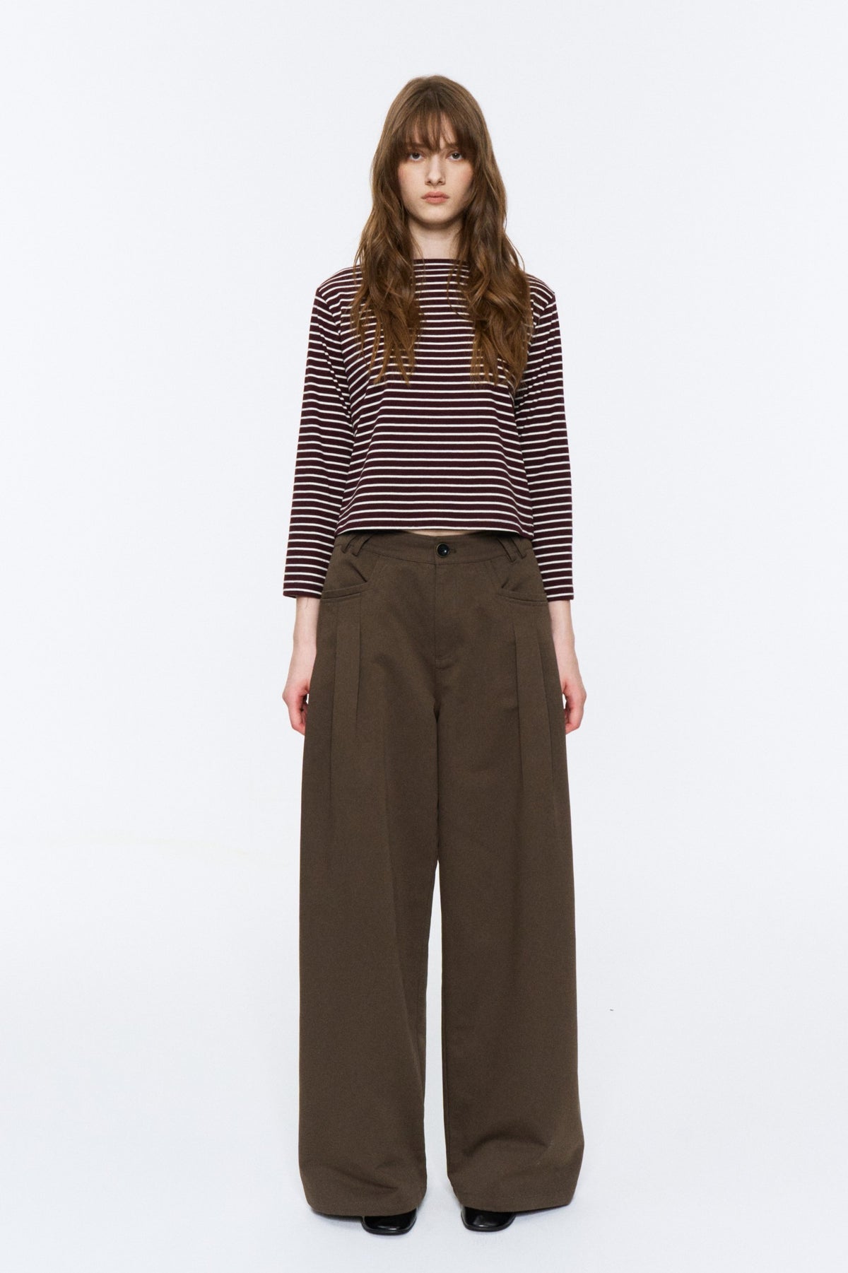 Mid-Low Rise Pleated Curved-Leg Pants Brown Green