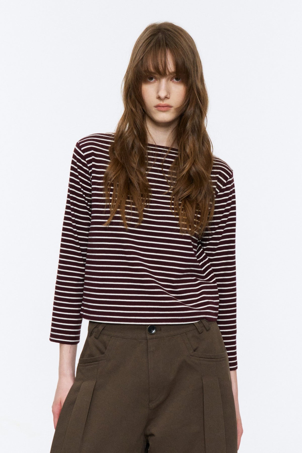 Boat-Neck Striped Bracelet-Sleeve Top Red and White Stripe