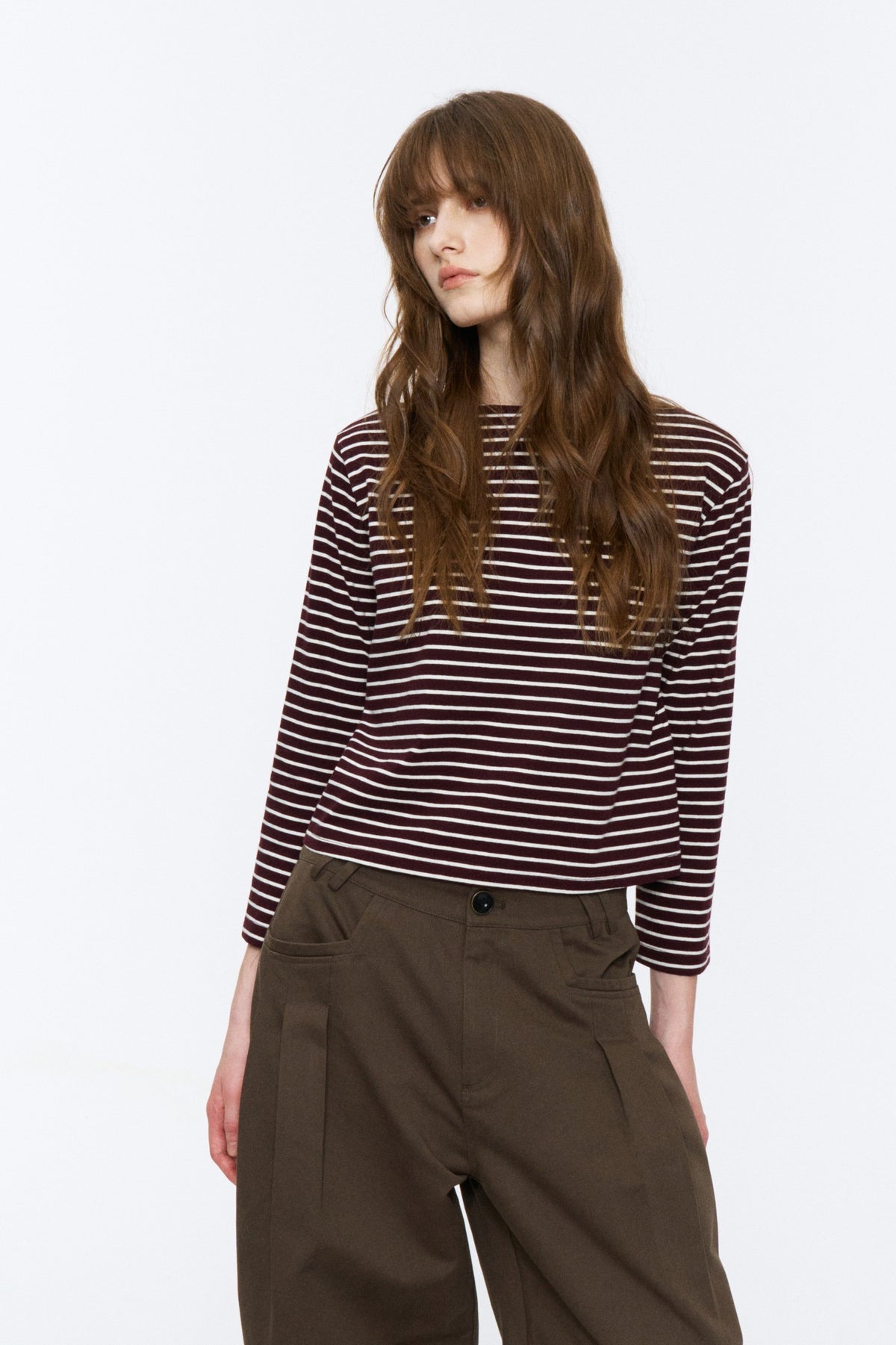 Boat-Neck Striped Bracelet-Sleeve Top Red and White Stripe