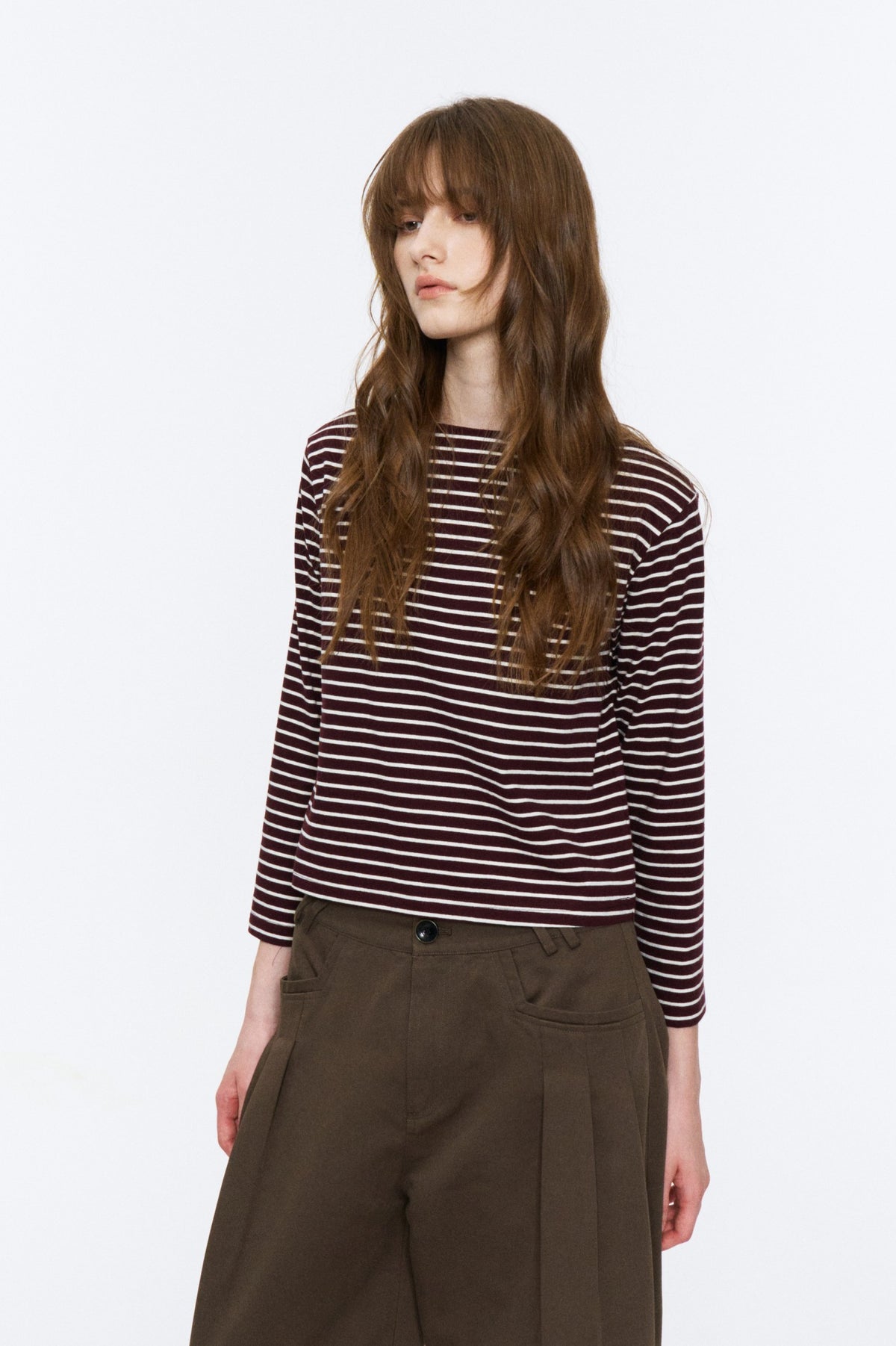 Boat-Neck Striped Bracelet-Sleeve Top Red and White Stripe