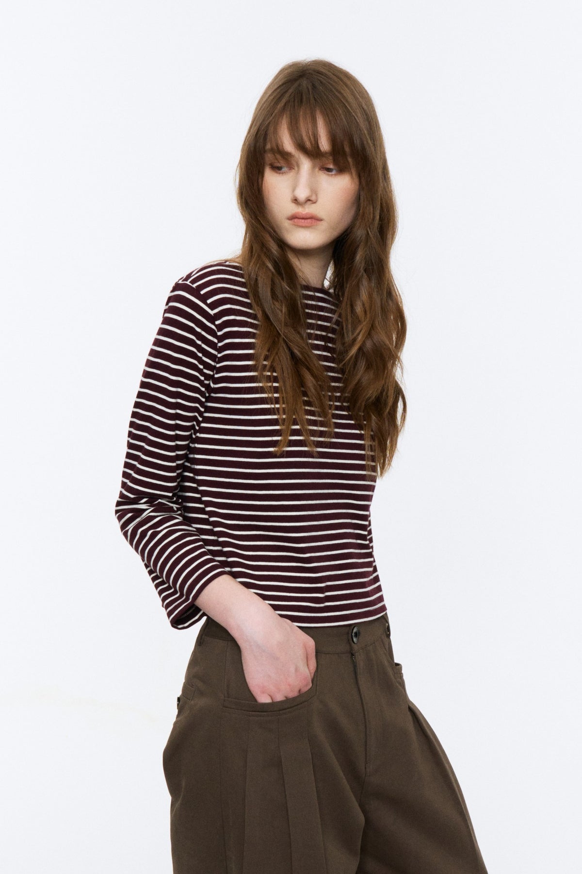 Boat-Neck Striped Bracelet-Sleeve Top Red and White Stripe