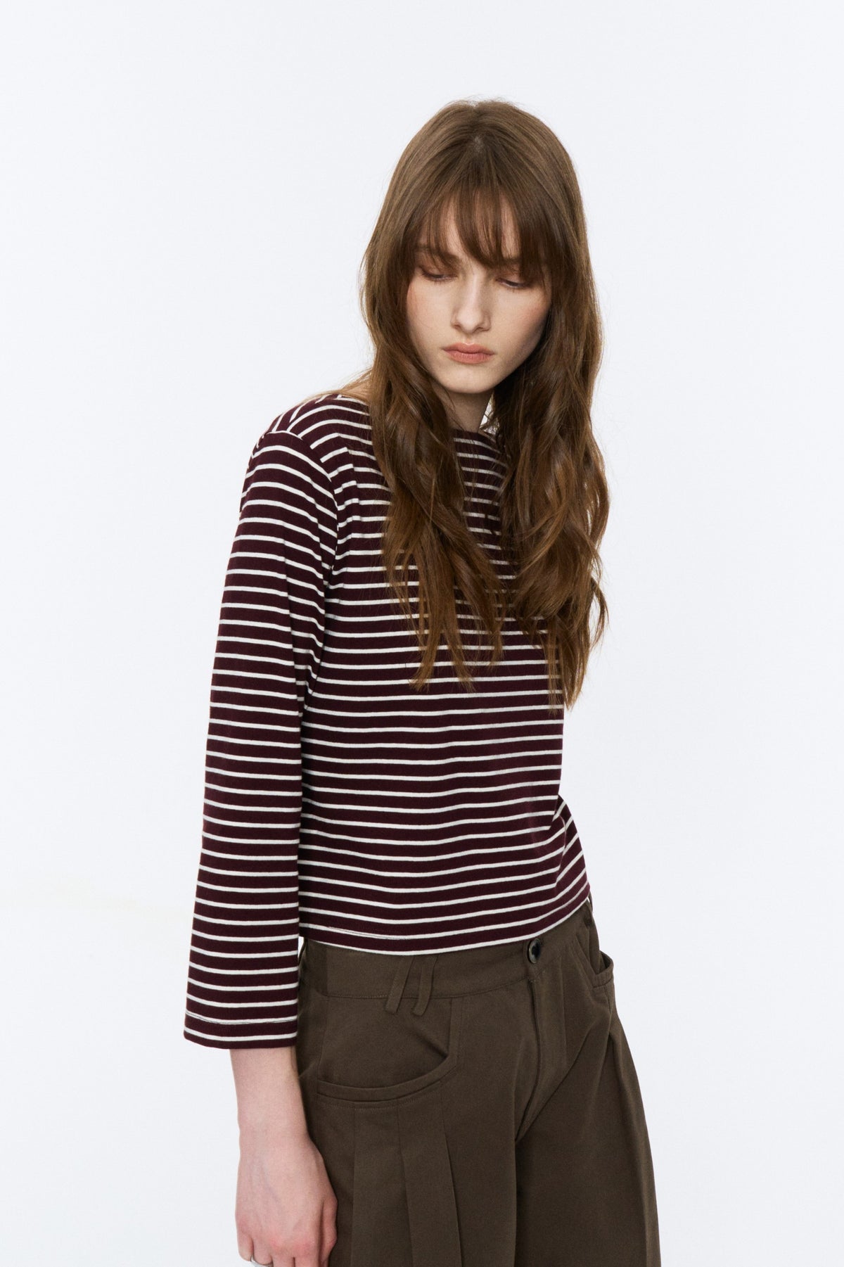 Boat-Neck Striped Bracelet-Sleeve Top Red and White Stripe