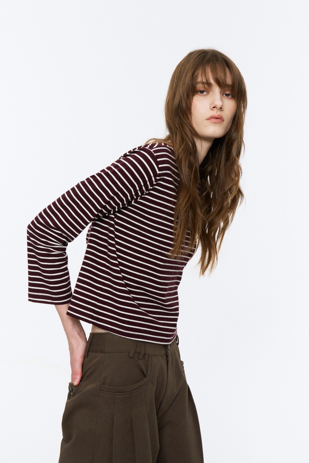 Boat-Neck Striped Bracelet-Sleeve Top Red and White Stripe