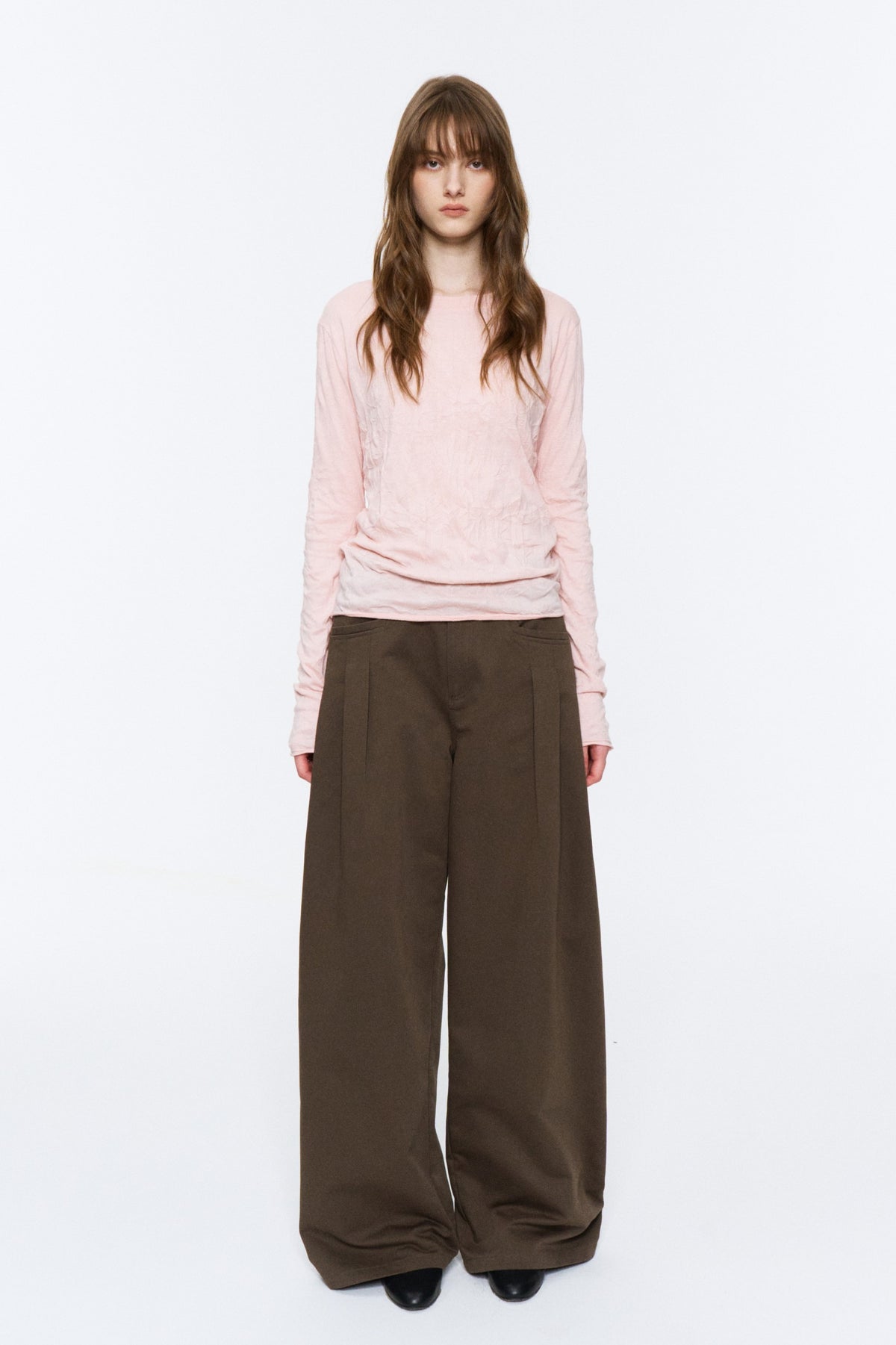 Mid-Low Rise Pleated Curved-Leg Pants Brown Green