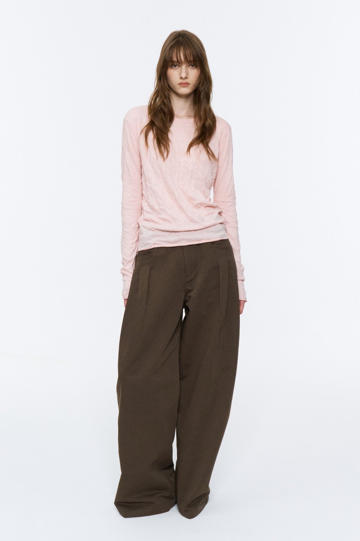 Crinkled Raw-Edge Long-Sleeve Tee Light Pink