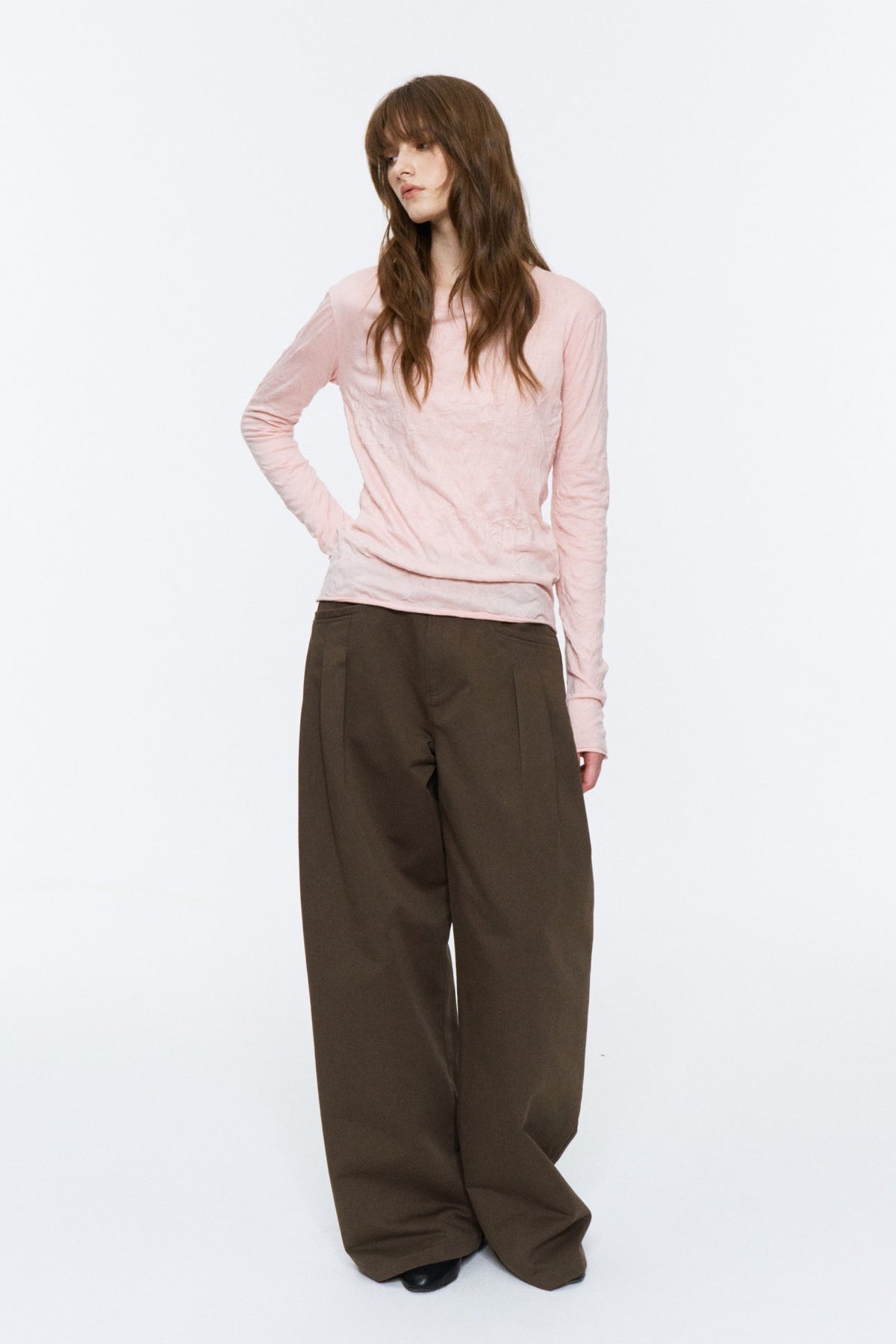 Crinkled Raw-Edge Long-Sleeve Tee Light Pink