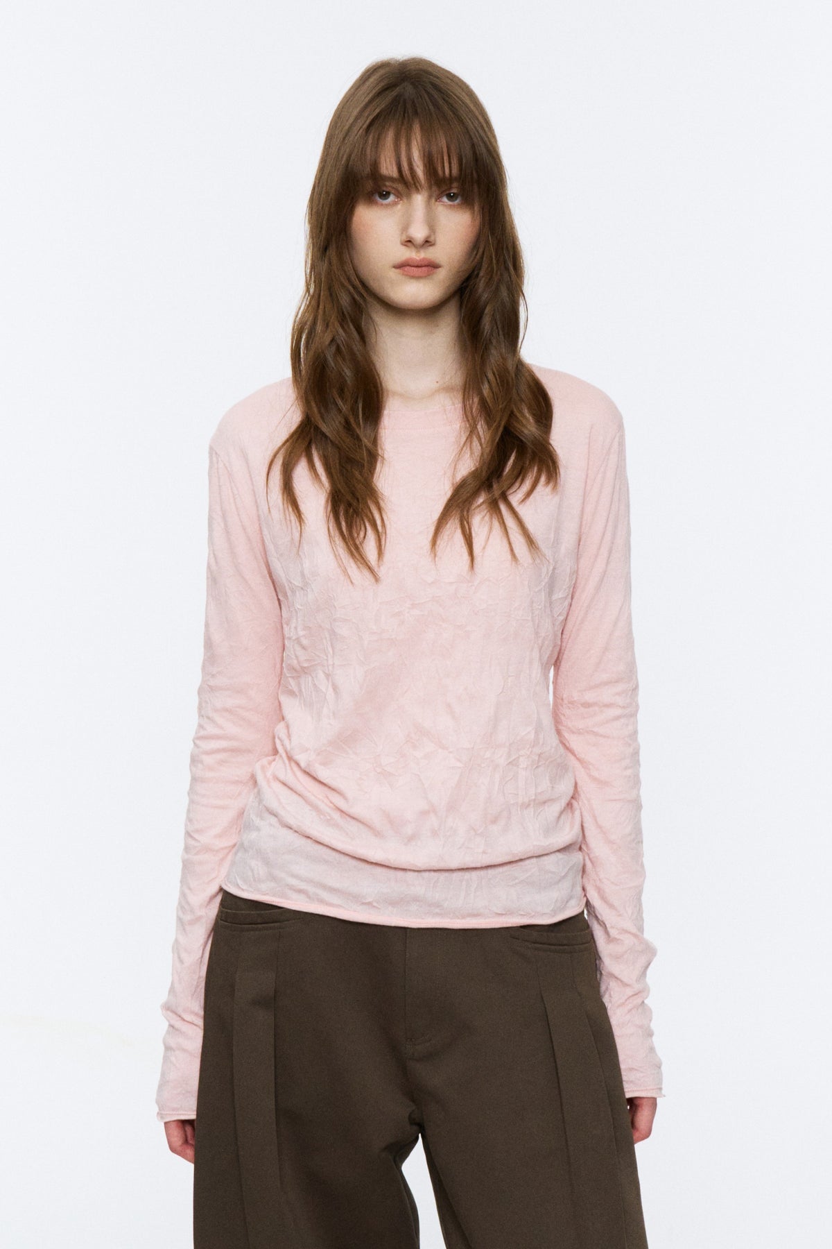 Crinkled Raw-Edge Long-Sleeve Tee Light Pink