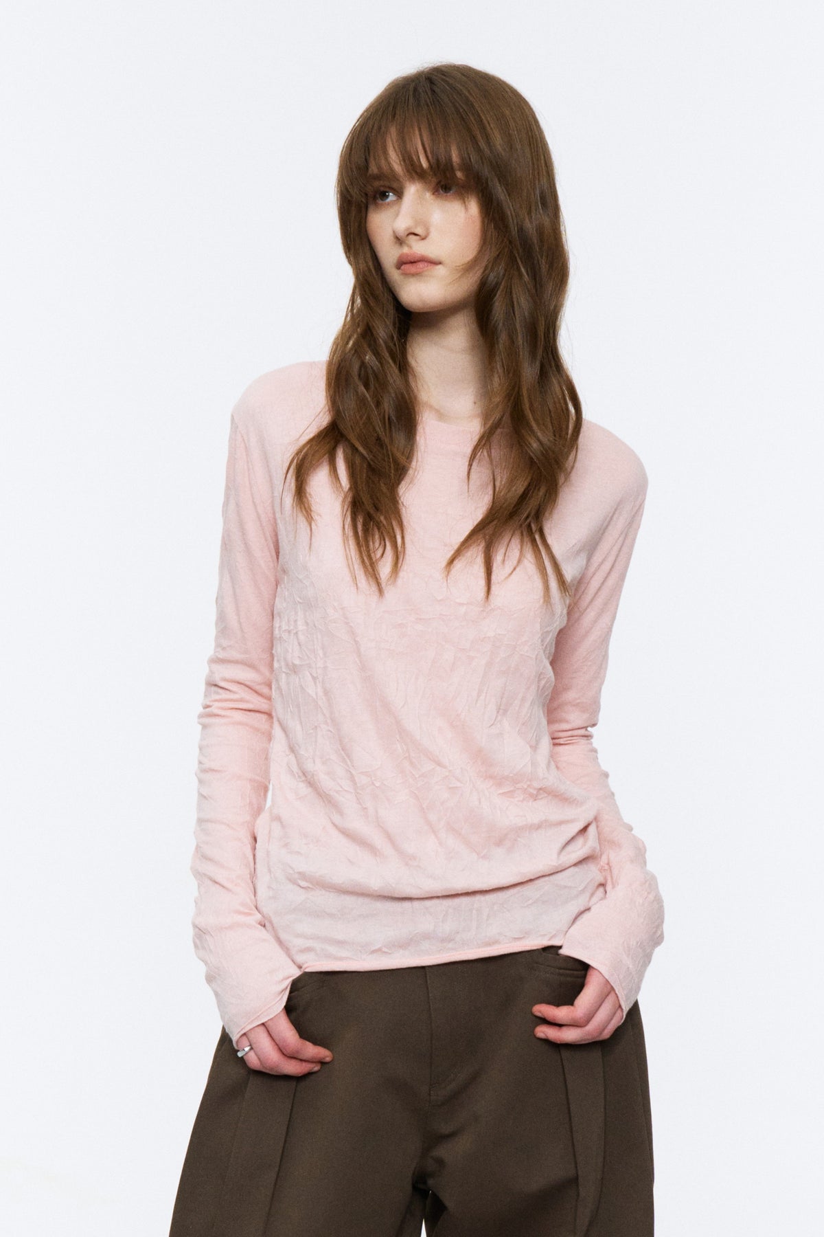 Crinkled Raw-Edge Long-Sleeve Tee Light Pink