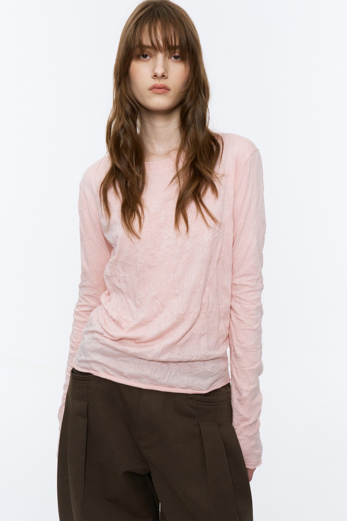 Crinkled Raw-Edge Long-Sleeve Tee Light Pink