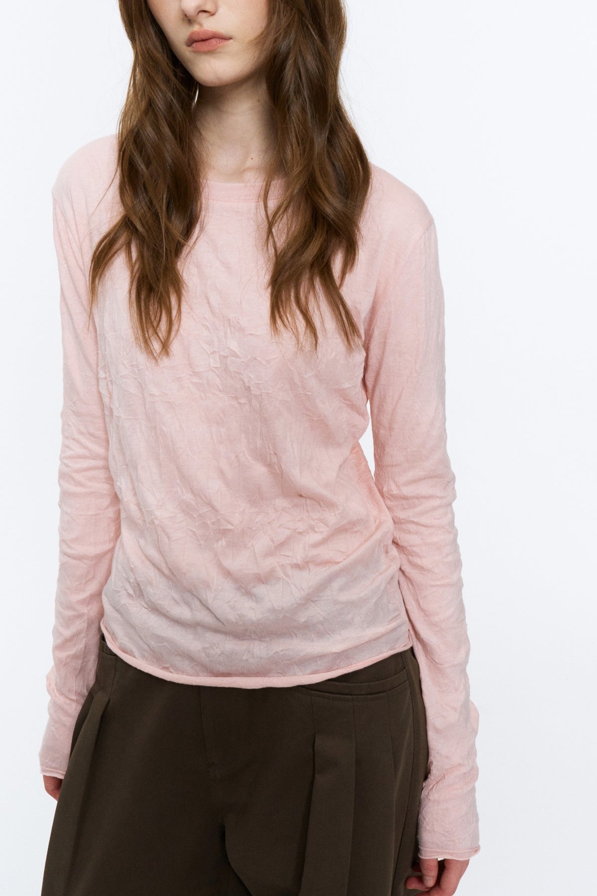 Crinkled Raw-Edge Long-Sleeve Tee Light Pink