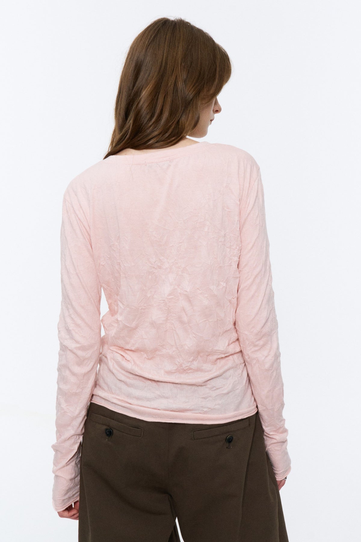 Crinkled Raw-Edge Long-Sleeve Tee Light Pink