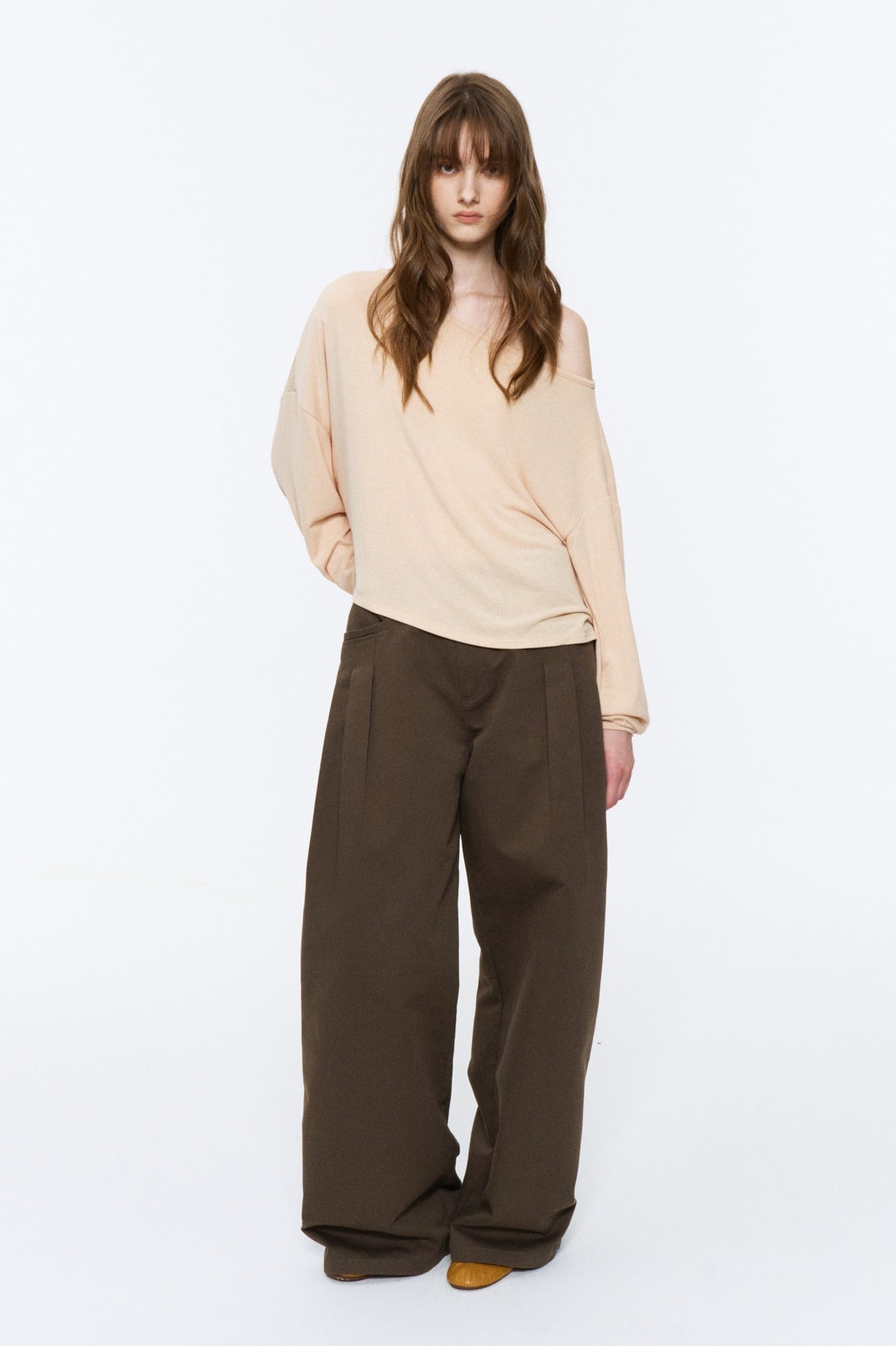 Asymmetric Off-Shoulder Relaxed Knit Top Beige