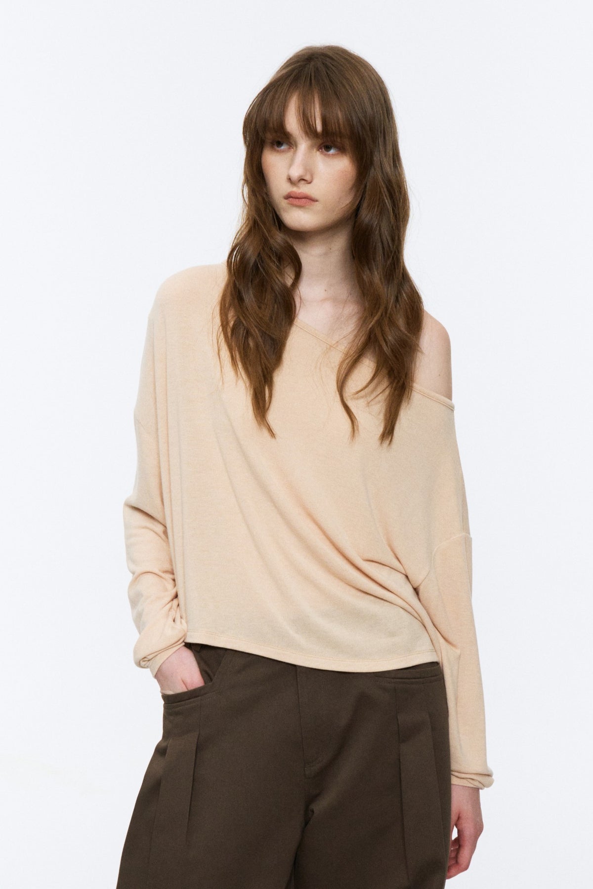 Asymmetric Off-Shoulder Relaxed Knit Top Beige