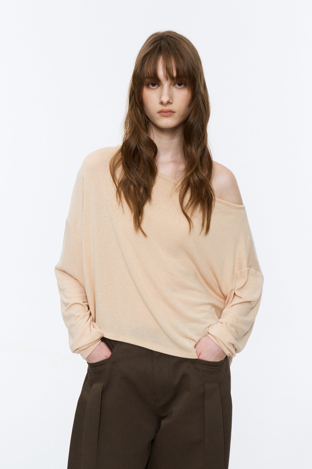 Asymmetric Off-Shoulder Relaxed Knit Top Beige