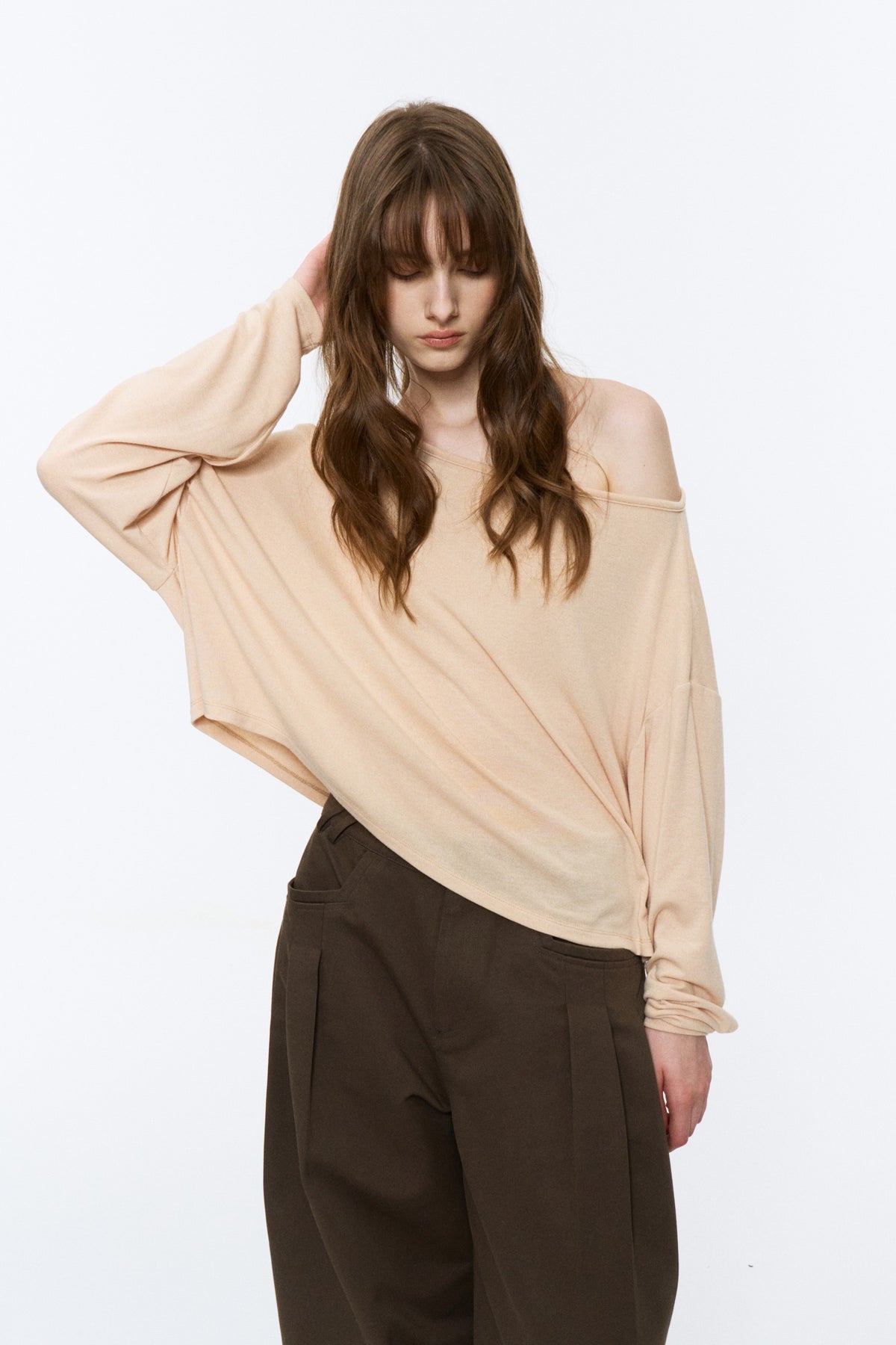Asymmetric Off-Shoulder Relaxed Knit Top Beige