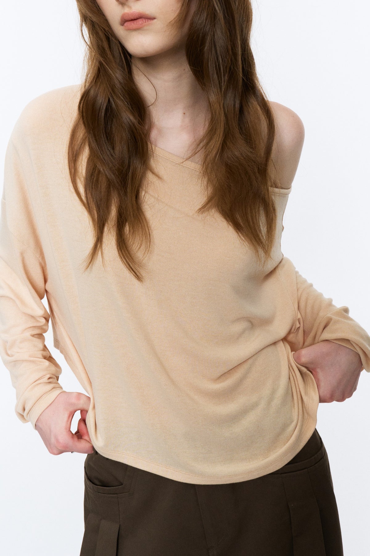 Asymmetric Off-Shoulder Relaxed Knit Top Beige
