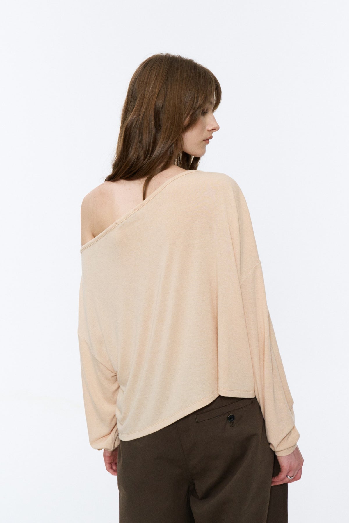 Asymmetric Off-Shoulder Relaxed Knit Top Beige