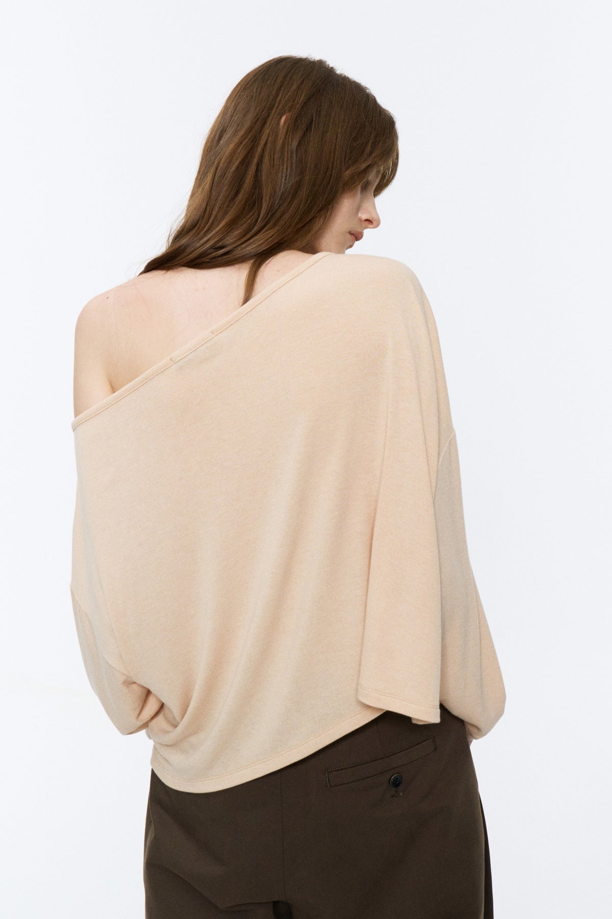 Asymmetric Off-Shoulder Relaxed Knit Top Beige