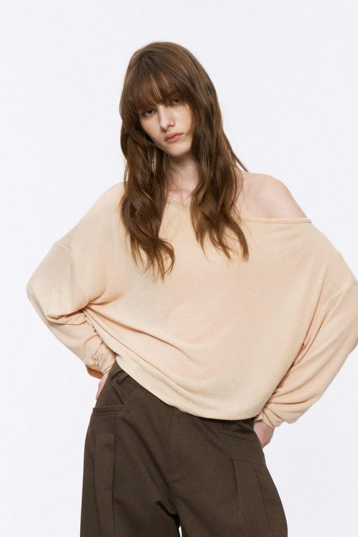 Asymmetric Off-Shoulder Relaxed Knit Top Beige