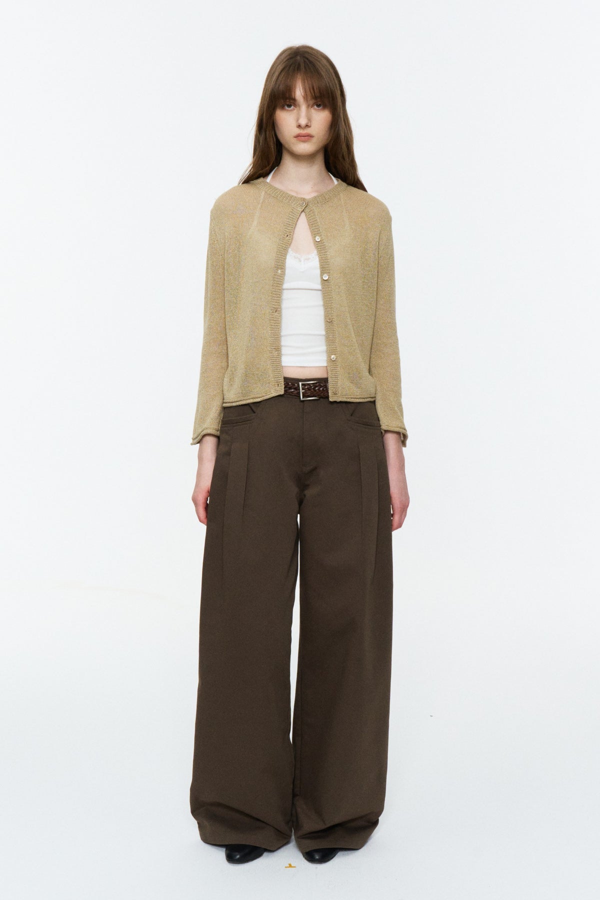Mid-Low Rise Pleated Curved-Leg Pants Brown Green