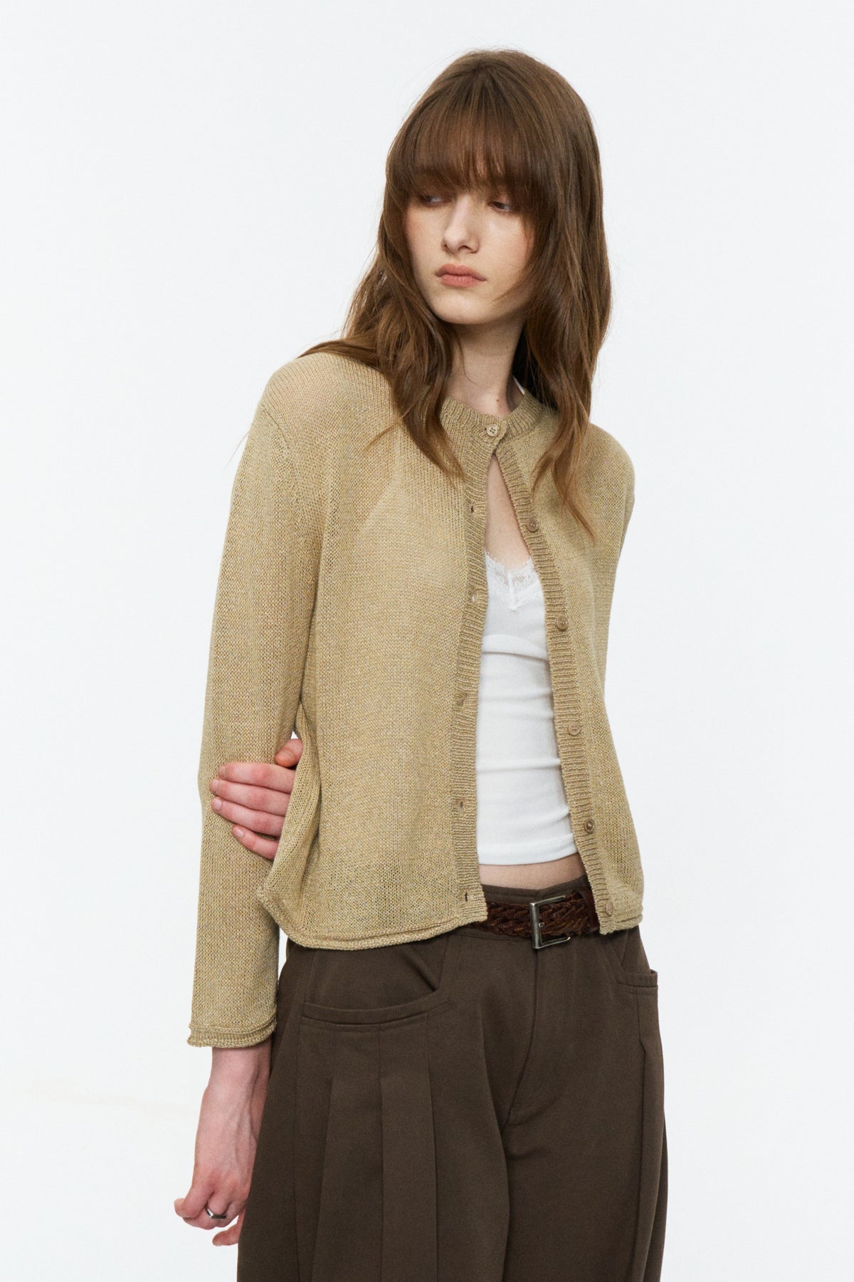 Paper-Yarn Bracelet-Sleeve Cardigan Oatmeal