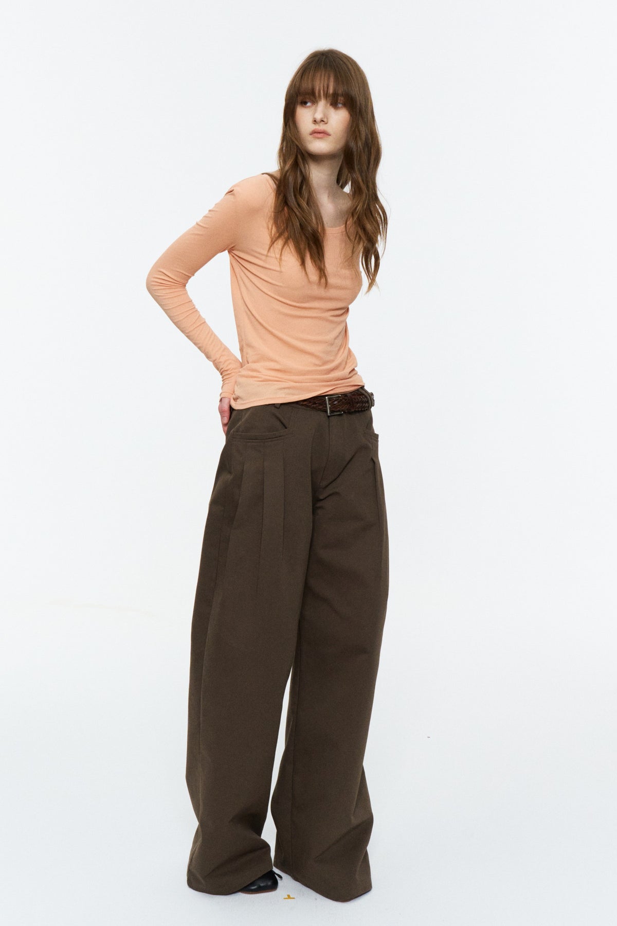 Mid-Low Rise Pleated Curved-Leg Pants Brown Green
