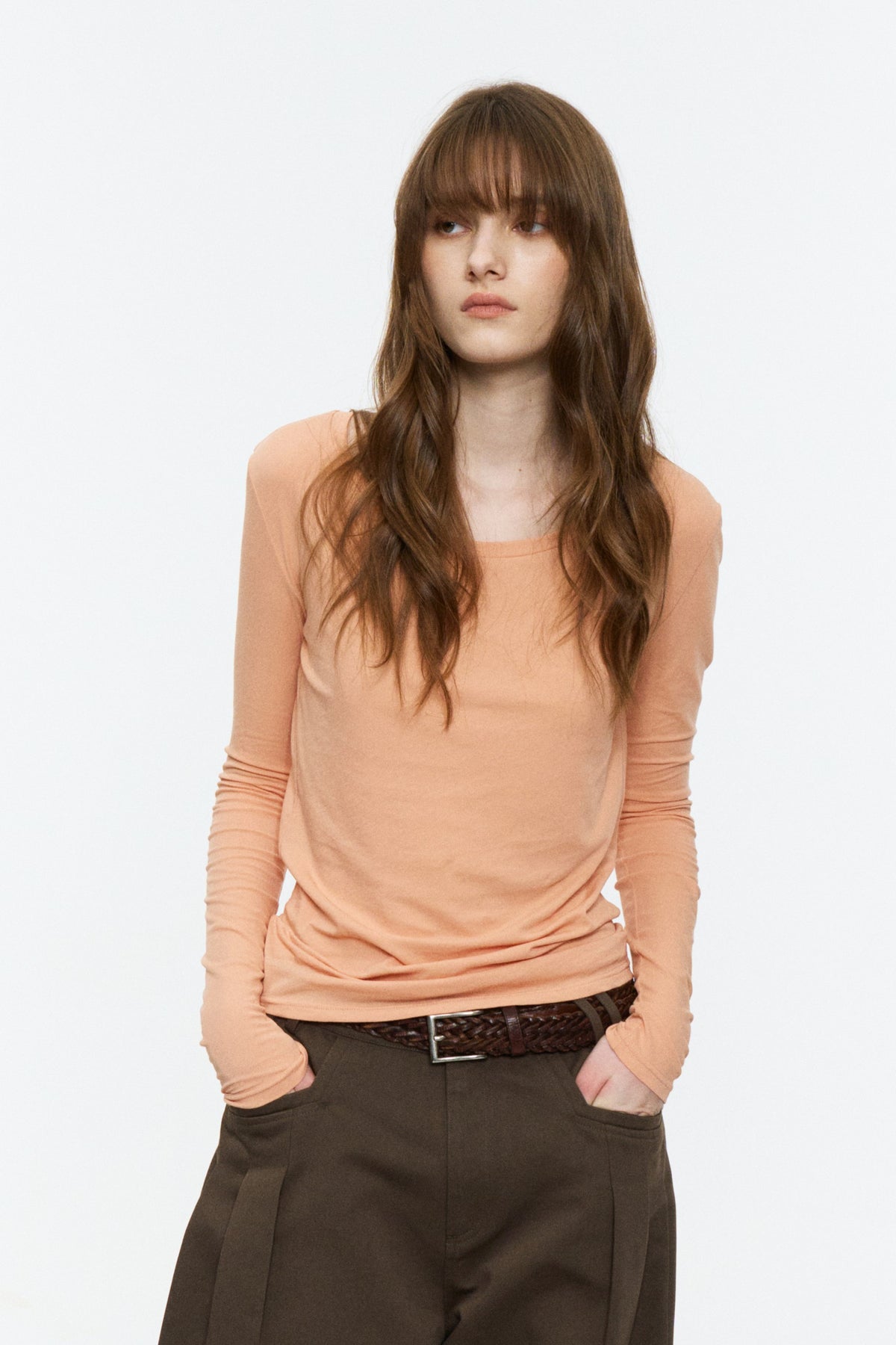Lightweight Wide U-Neck Fitted Long-Sleeve Tee Orange