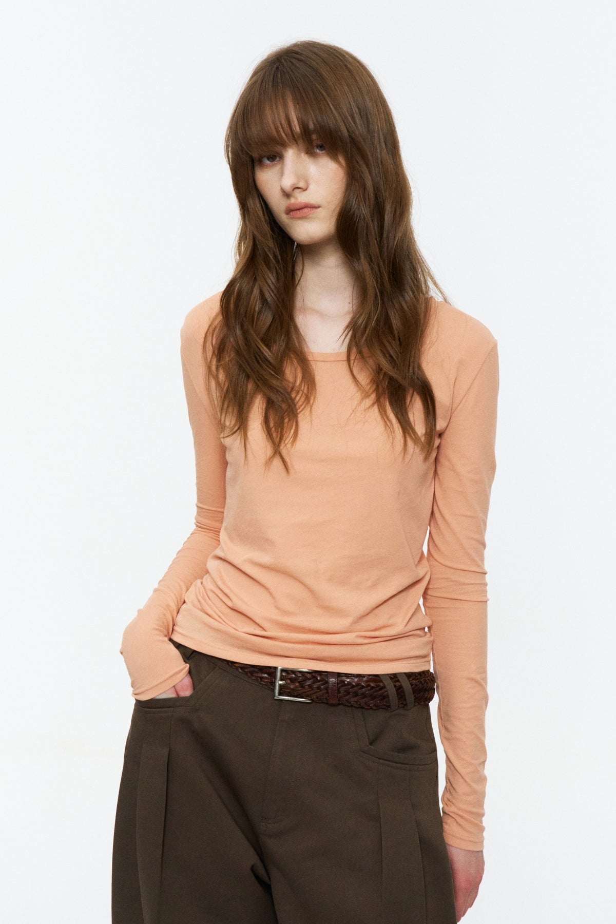 Lightweight Wide U-Neck Fitted Long-Sleeve Tee Orange