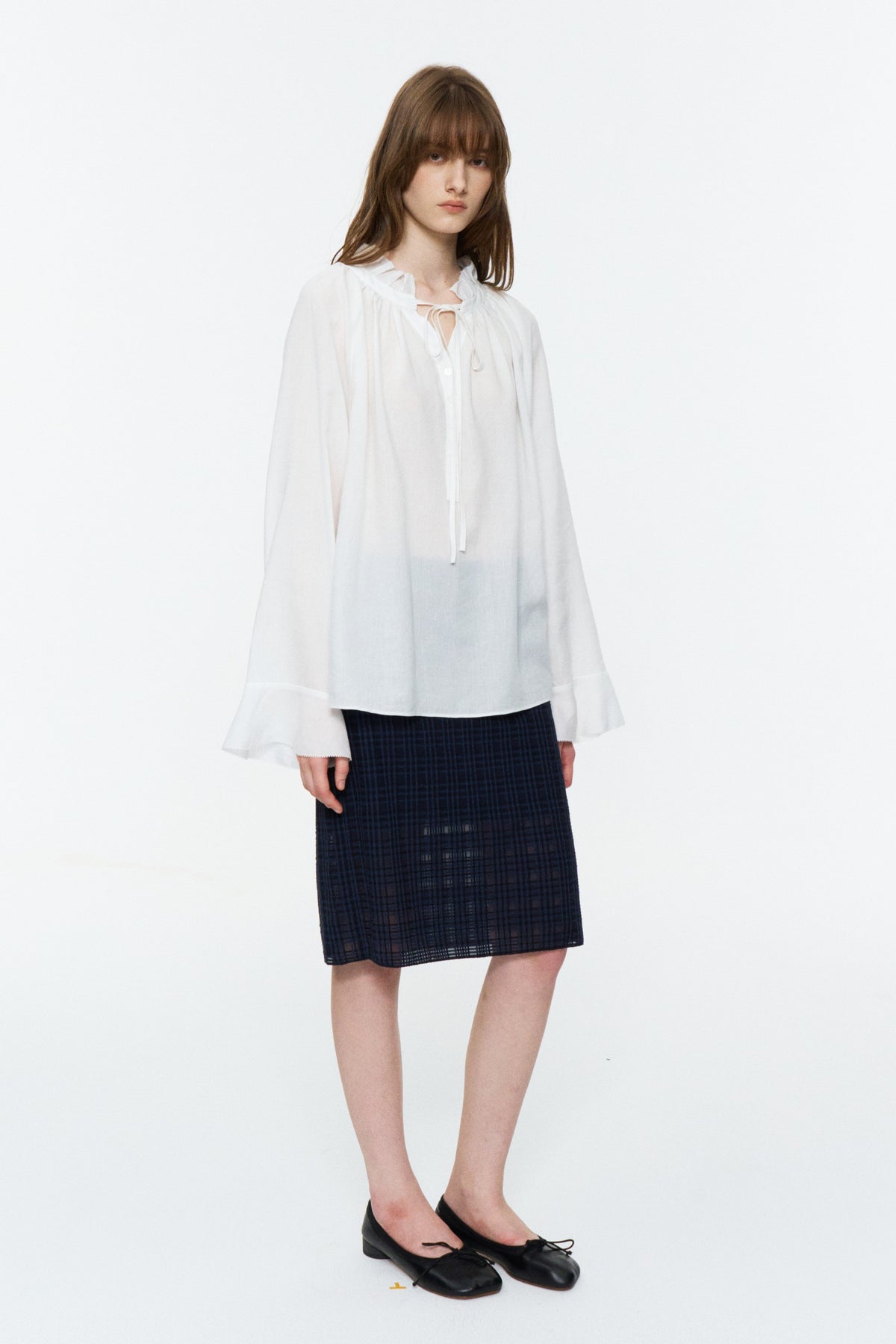Lyocell-Ramie Tie-Neck Shirt White