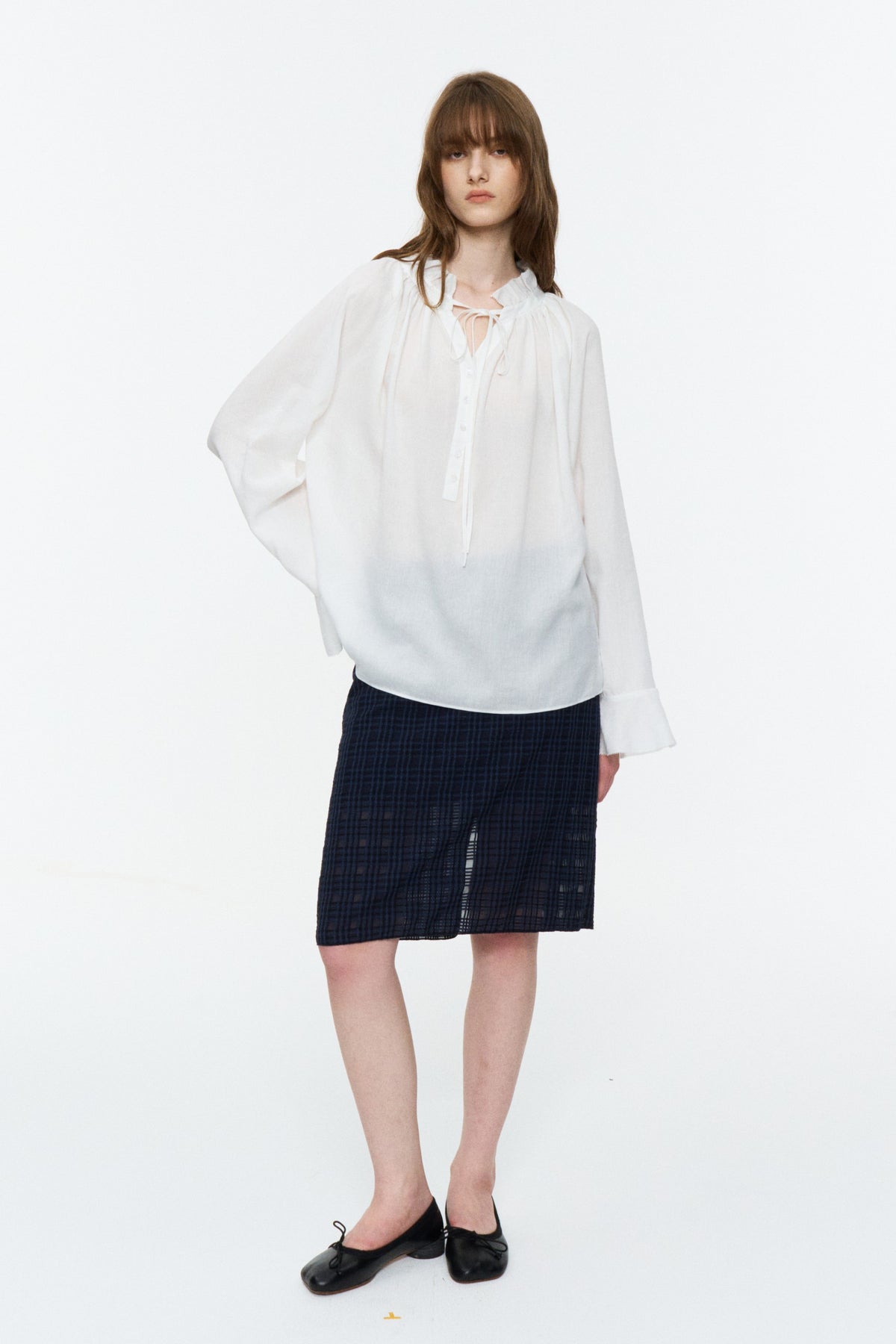 Lyocell-Ramie Tie-Neck Shirt White