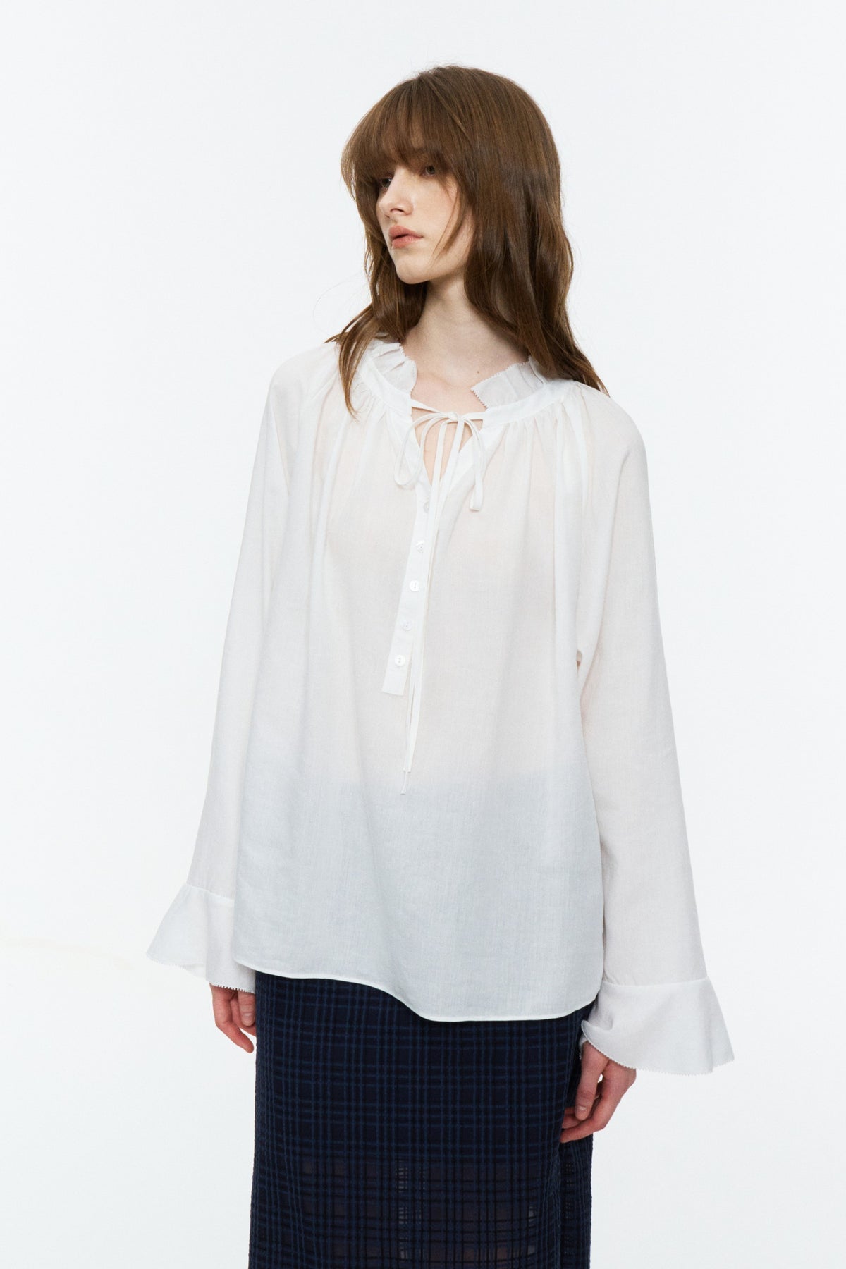 Lyocell-Ramie Tie-Neck Shirt White