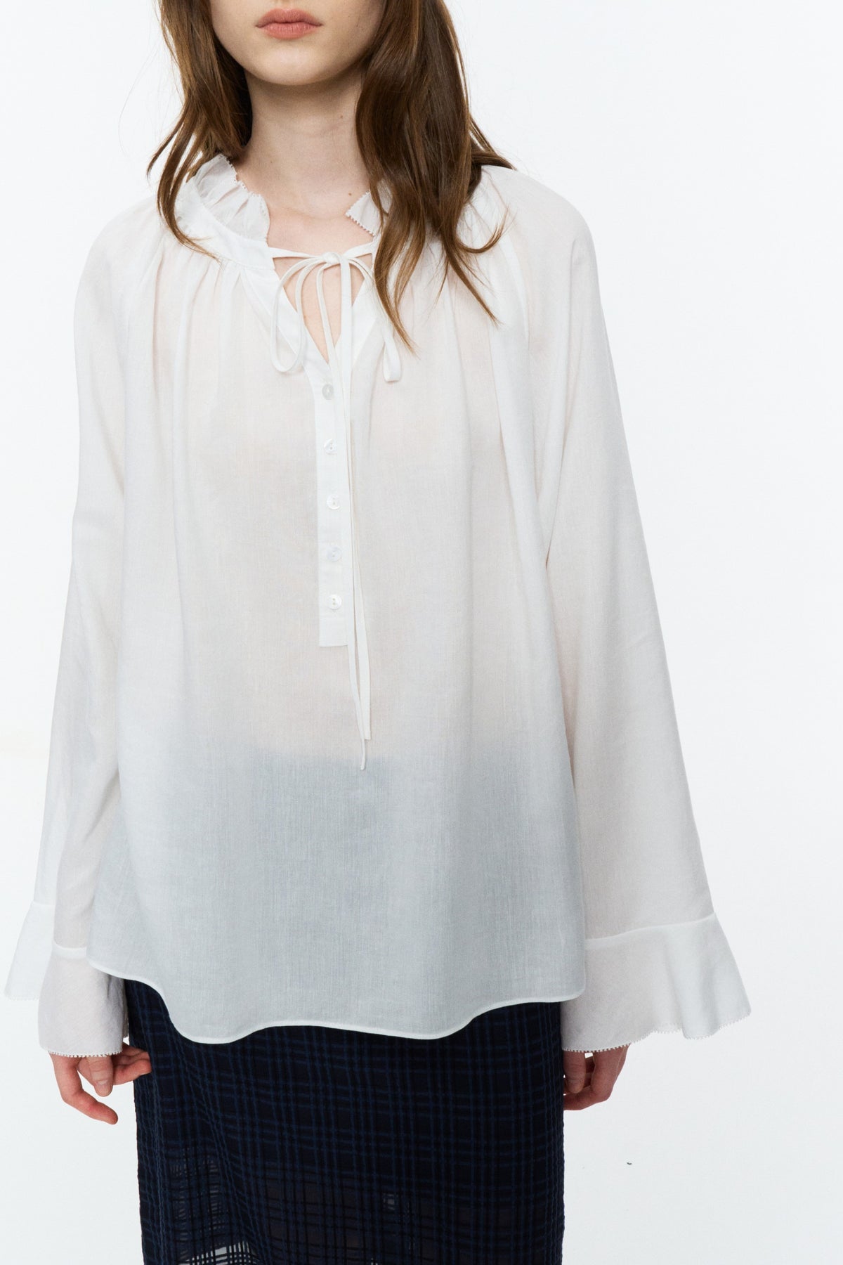 Lyocell-Ramie Tie-Neck Shirt White