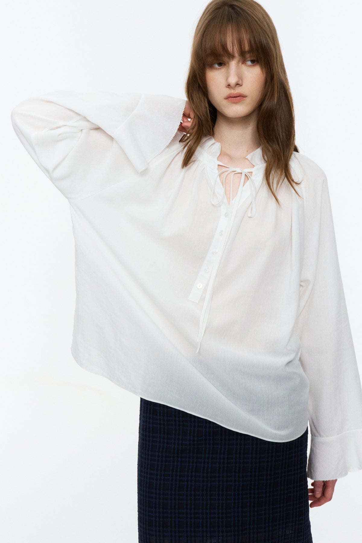 Lyocell-Ramie Tie-Neck Shirt White