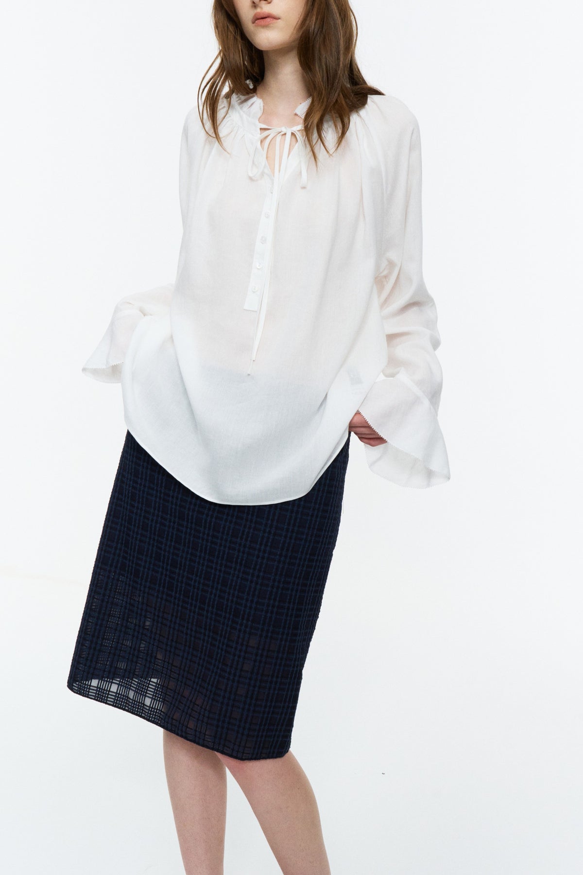 Low-Rise Plaid Straight Skirt Deep Blue Plaid