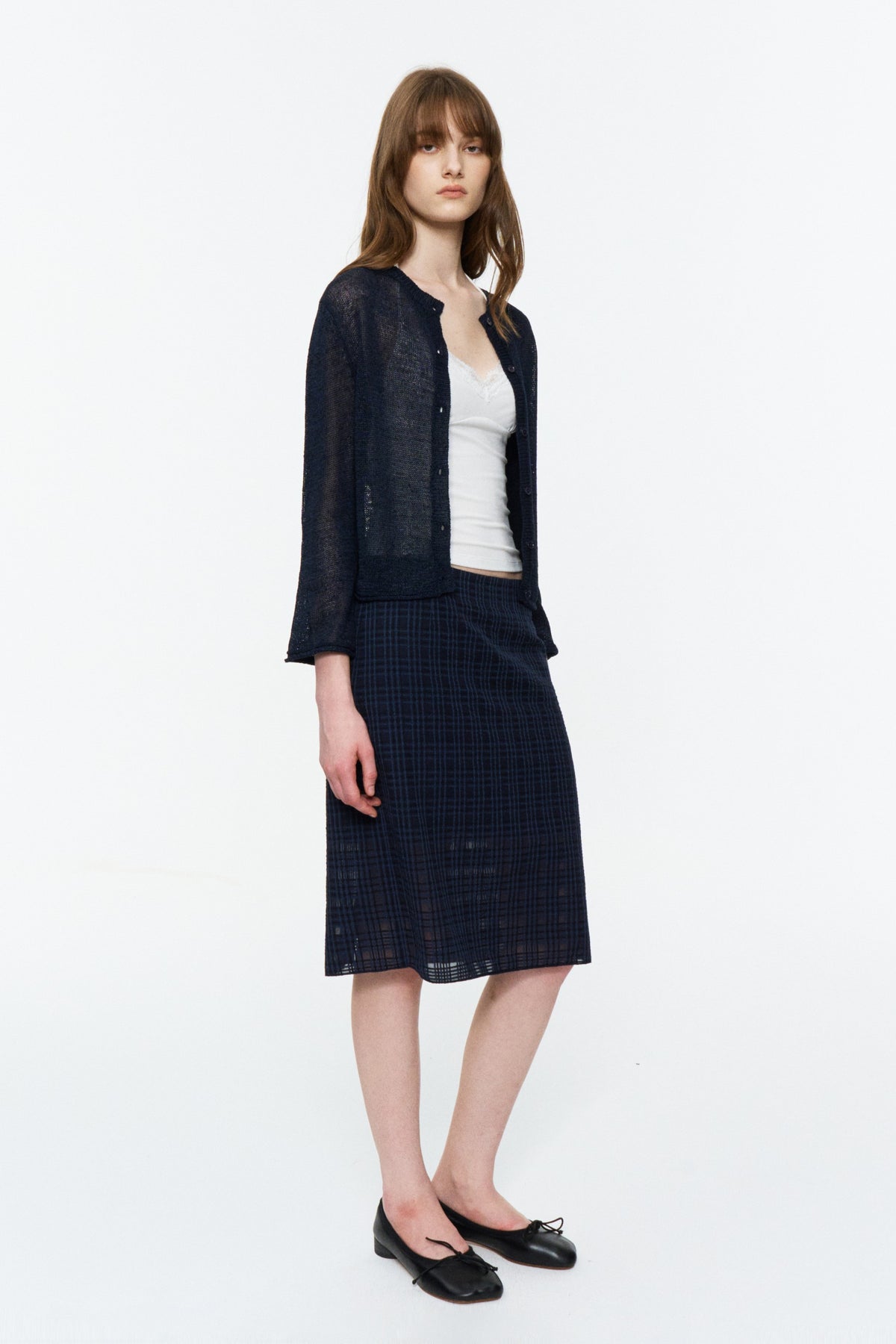 Low-Rise Plaid Straight Skirt Deep Blue Plaid