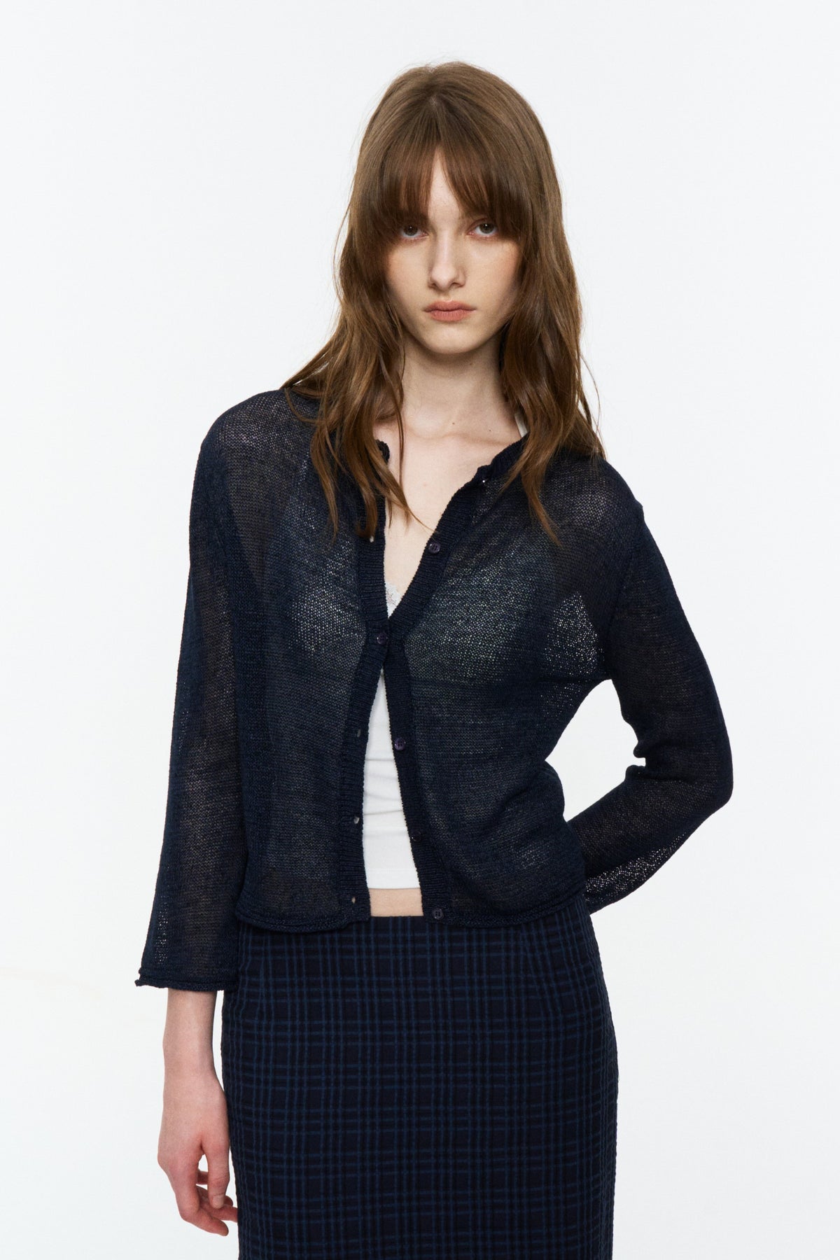 Paper-Yarn Bracelet-Sleeve Cardigan Deep Blue