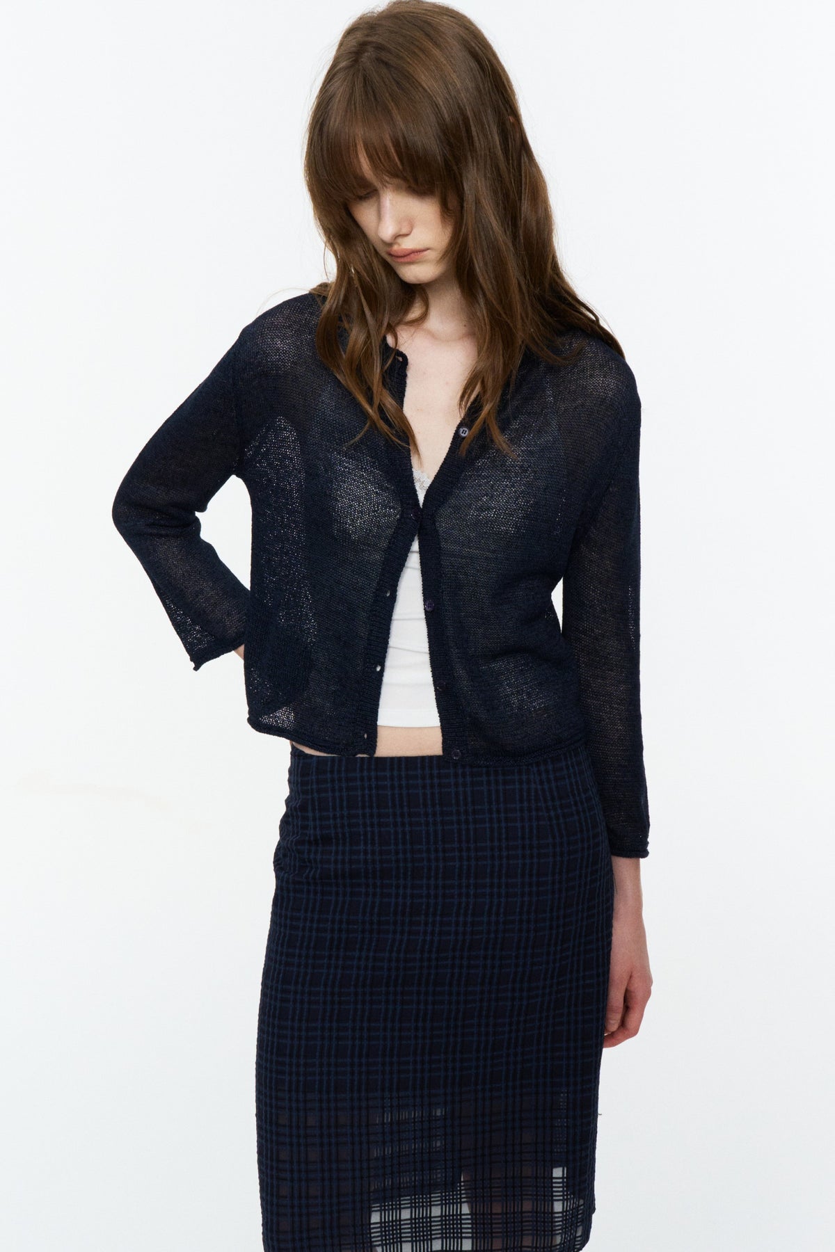 Paper-Yarn Bracelet-Sleeve Cardigan Deep Blue