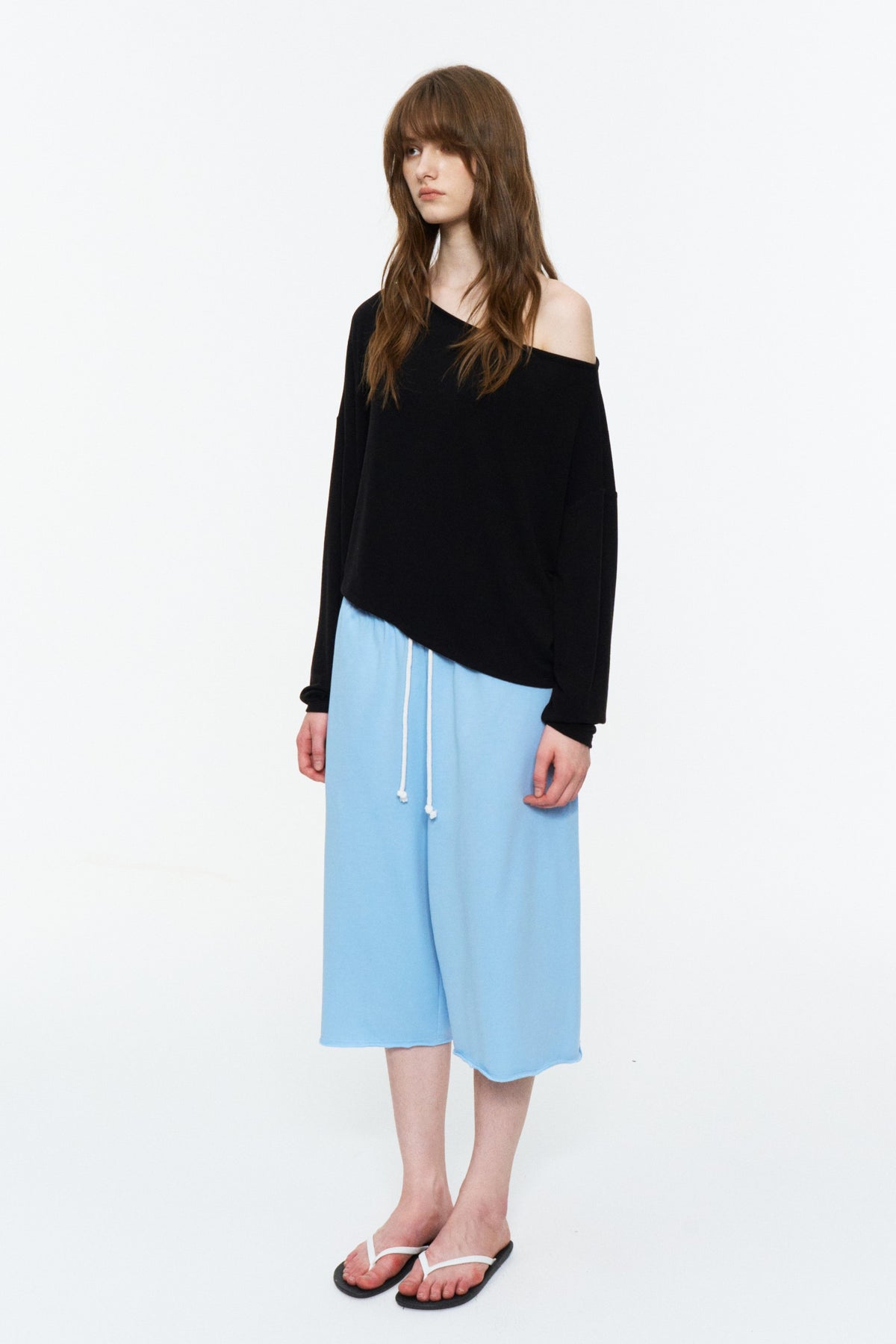 Asymmetric Off-Shoulder Relaxed Knit Top Black
