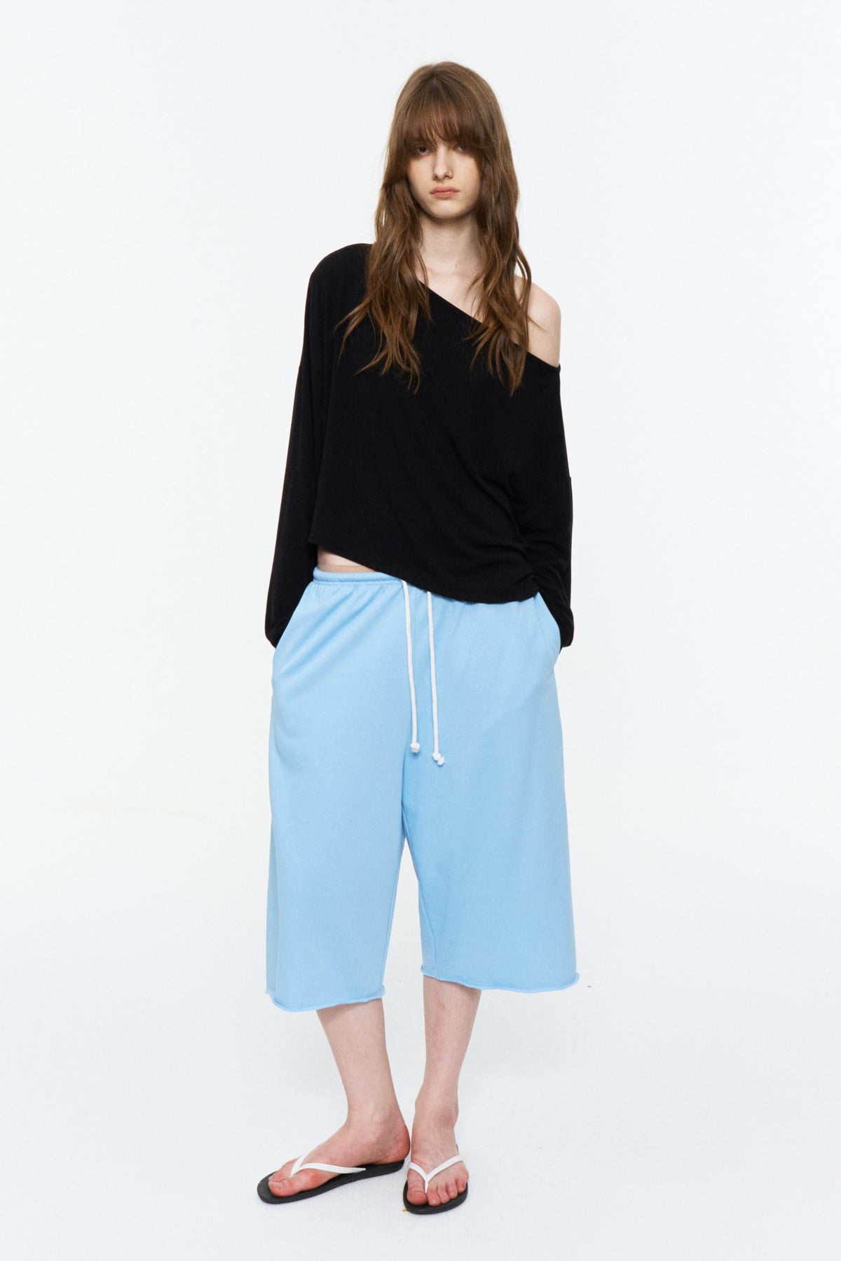 Asymmetric Off-Shoulder Relaxed Knit Top Black