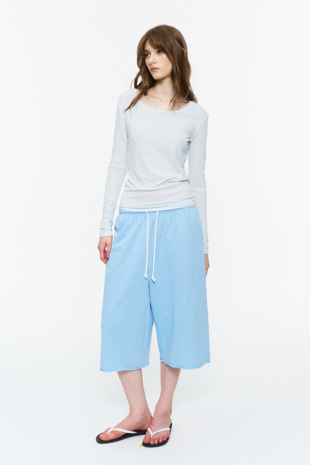 Lightweight Wide U-Neck Fitted Long-Sleeve Tee Light Blue