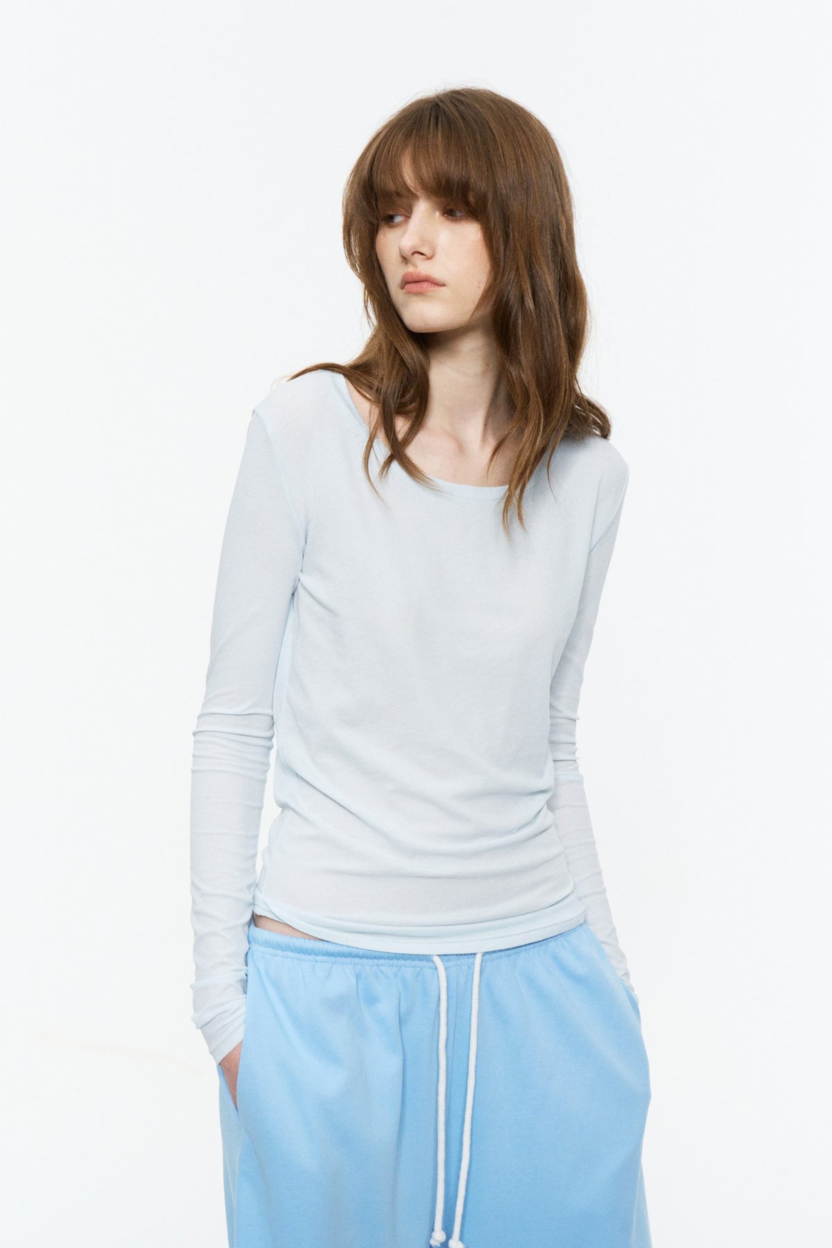 Lightweight Wide U-Neck Fitted Long-Sleeve Tee Light Blue