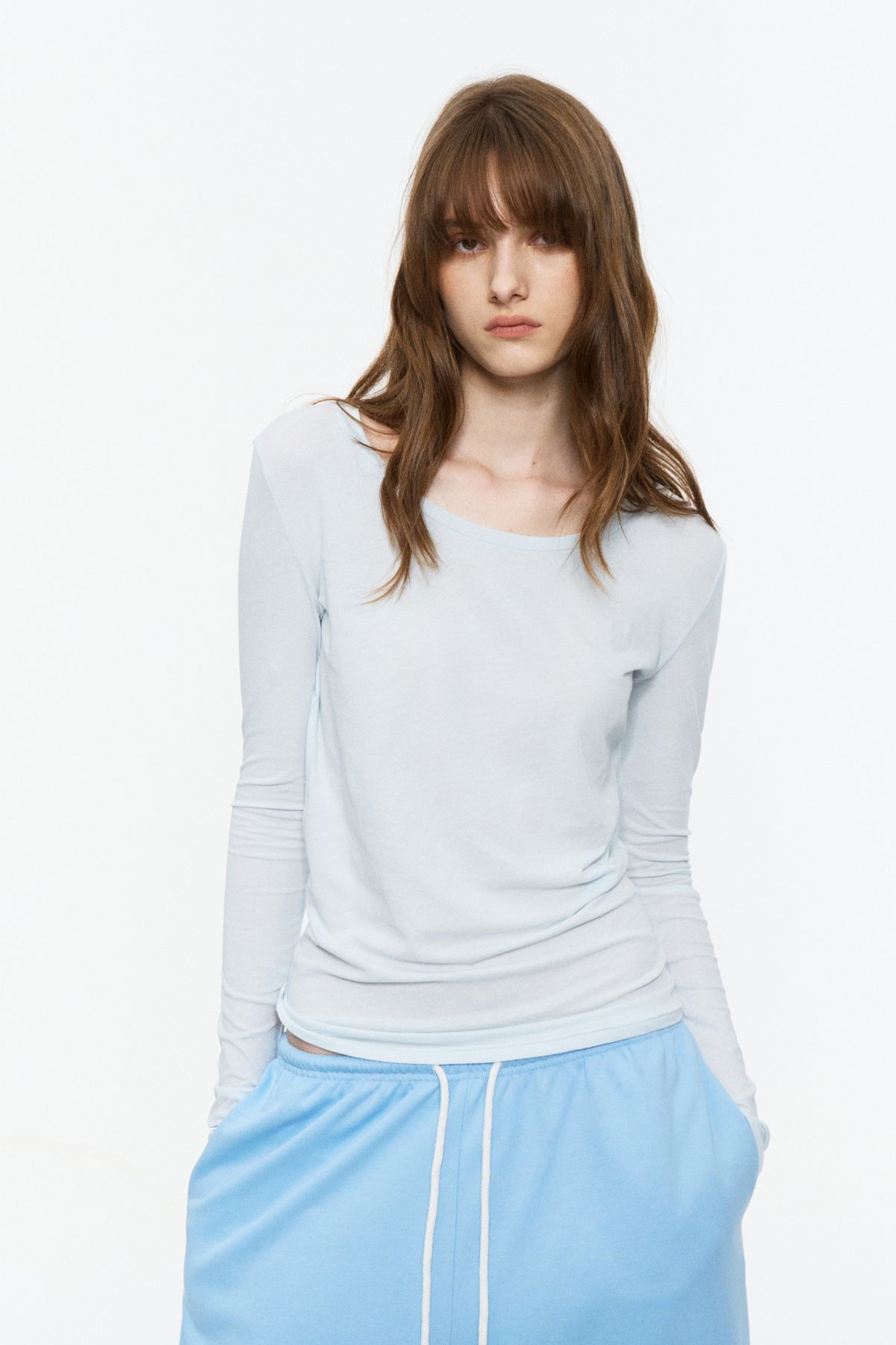Lightweight Wide U-Neck Fitted Long-Sleeve Tee Light Blue