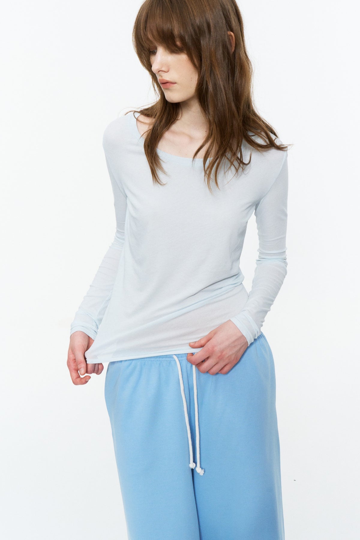 Lightweight Wide U-Neck Fitted Long-Sleeve Tee Light Blue