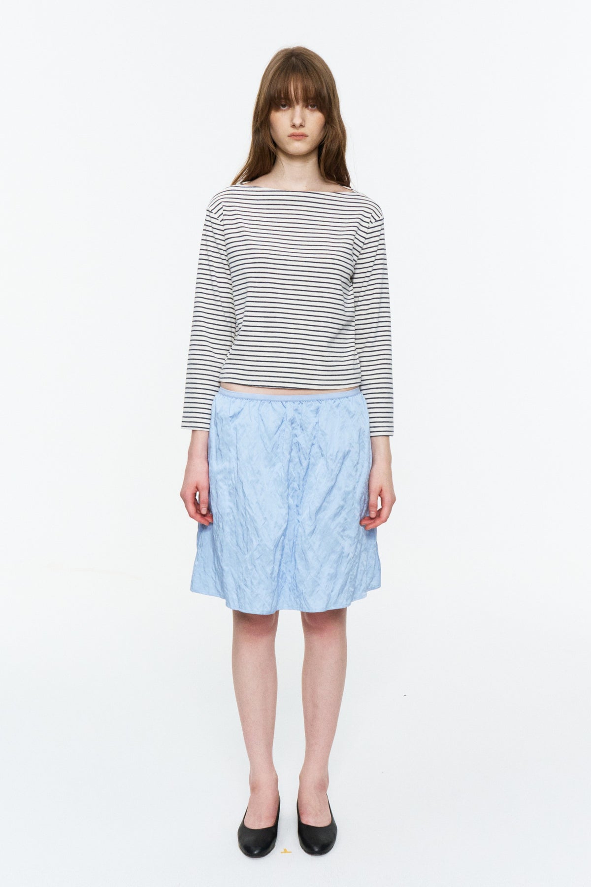 Boat-Neck Striped Bracelet-Sleeve Top Blue and White Stripe