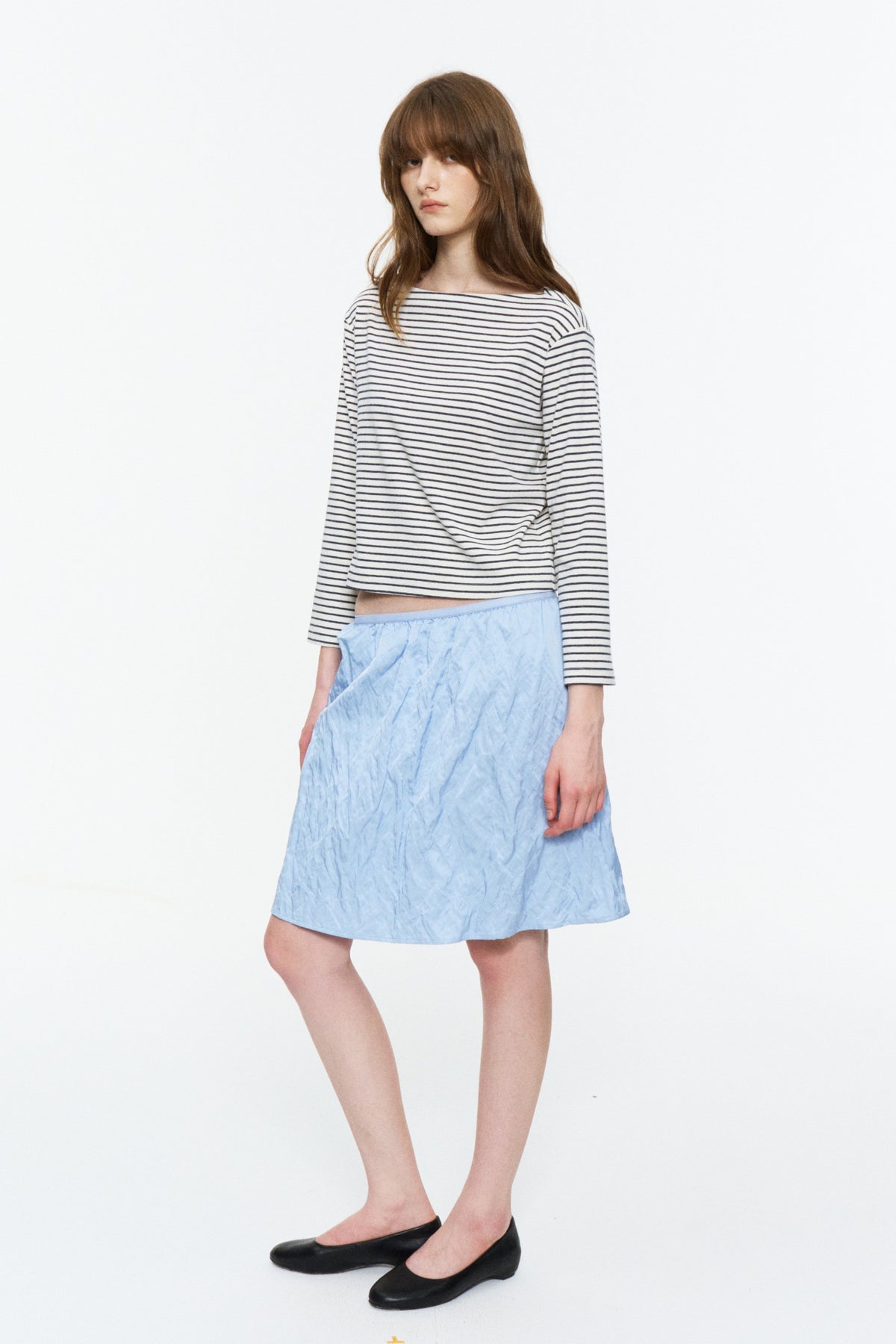 Boat-Neck Striped Bracelet-Sleeve Top Blue and White Stripe